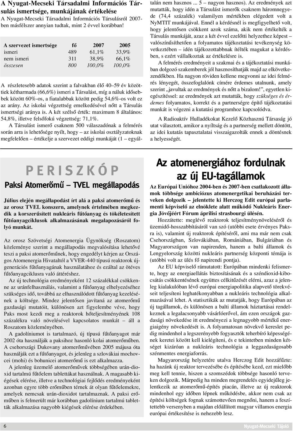 ismeri a Társulást, míg a náluk idôsebbek között 60%-os, a fiatalabbak között pedig 54,6%-os volt ez az arány. Az iskolai végzettség emelkedésével nôtt a Társulás ismertségi aránya is.