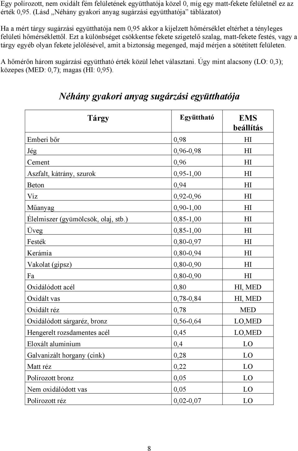 Ezt a különbséget csökkentse fekete szigetelő szalag, matt-fekete festés, vagy a tárgy egyéb olyan fekete jelölésével, amit a biztonság megenged, majd mérjen a sötétített felületen.