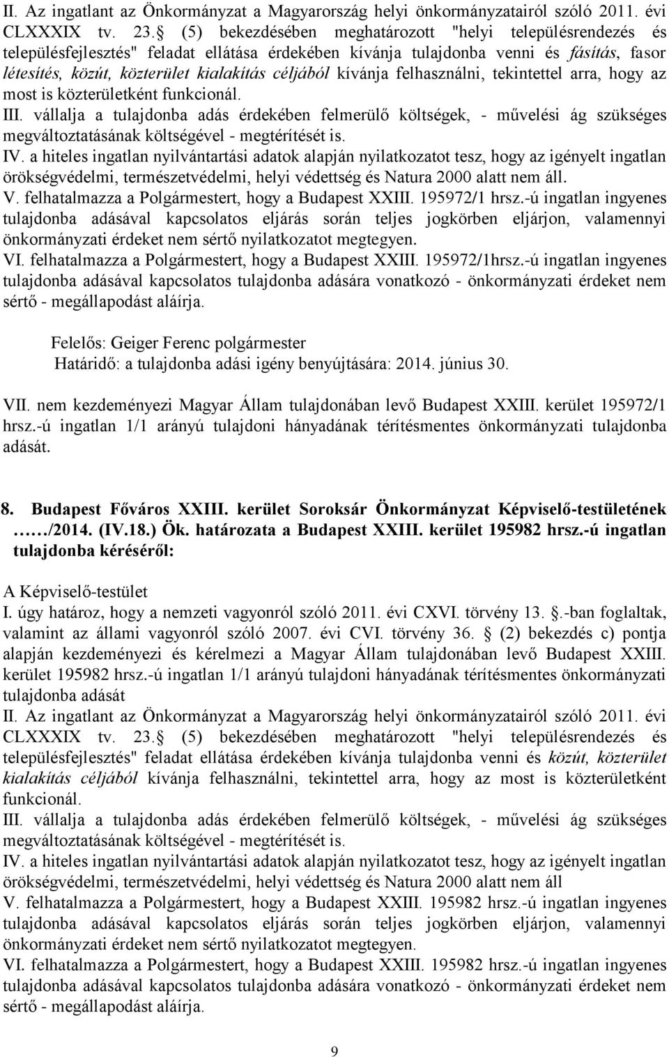 határozata a Budapest XXIII. kerület 195982 hrsz.-ú ingatlan kerület 195982 hrsz.