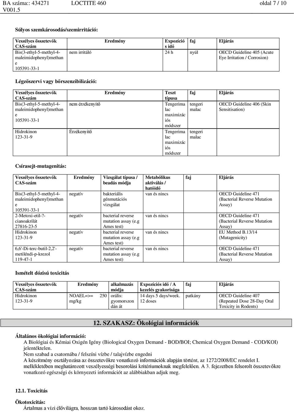 malac tengeri malac OECD Guideline 406 (Skin Sensitisation) Csírasejt-mutagenitás: maleimidophenyl)methan e 2-Metoxi-etil-?