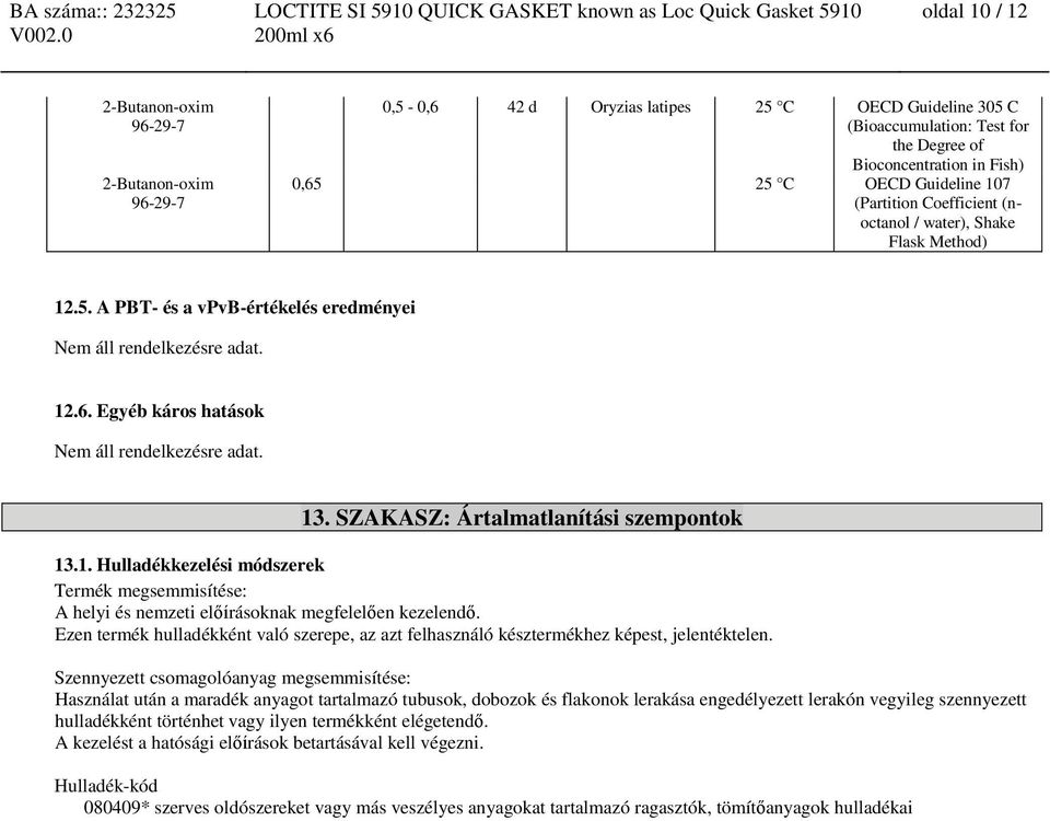 Ezen termék hulladékként való szerepe, az azt felhasználó késztermékhez képest, jelentéktelen.