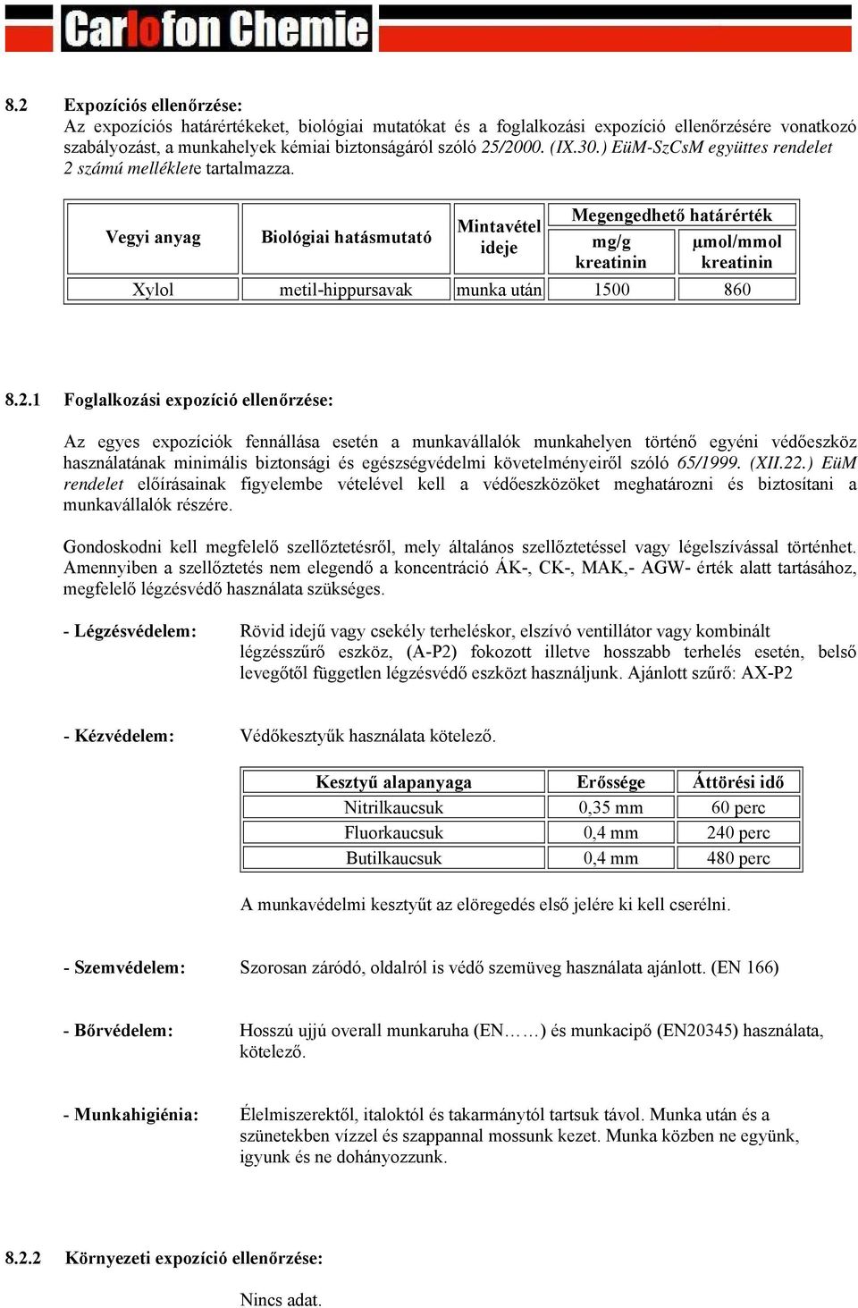 Vegyi anyag Biológiai hatásmutató Mintavétel ideje Megengedhető határérték mg/g kreatinin µmol/mmol kreatinin Xylol metil-hippursavak munka után 1500 860 8.2.