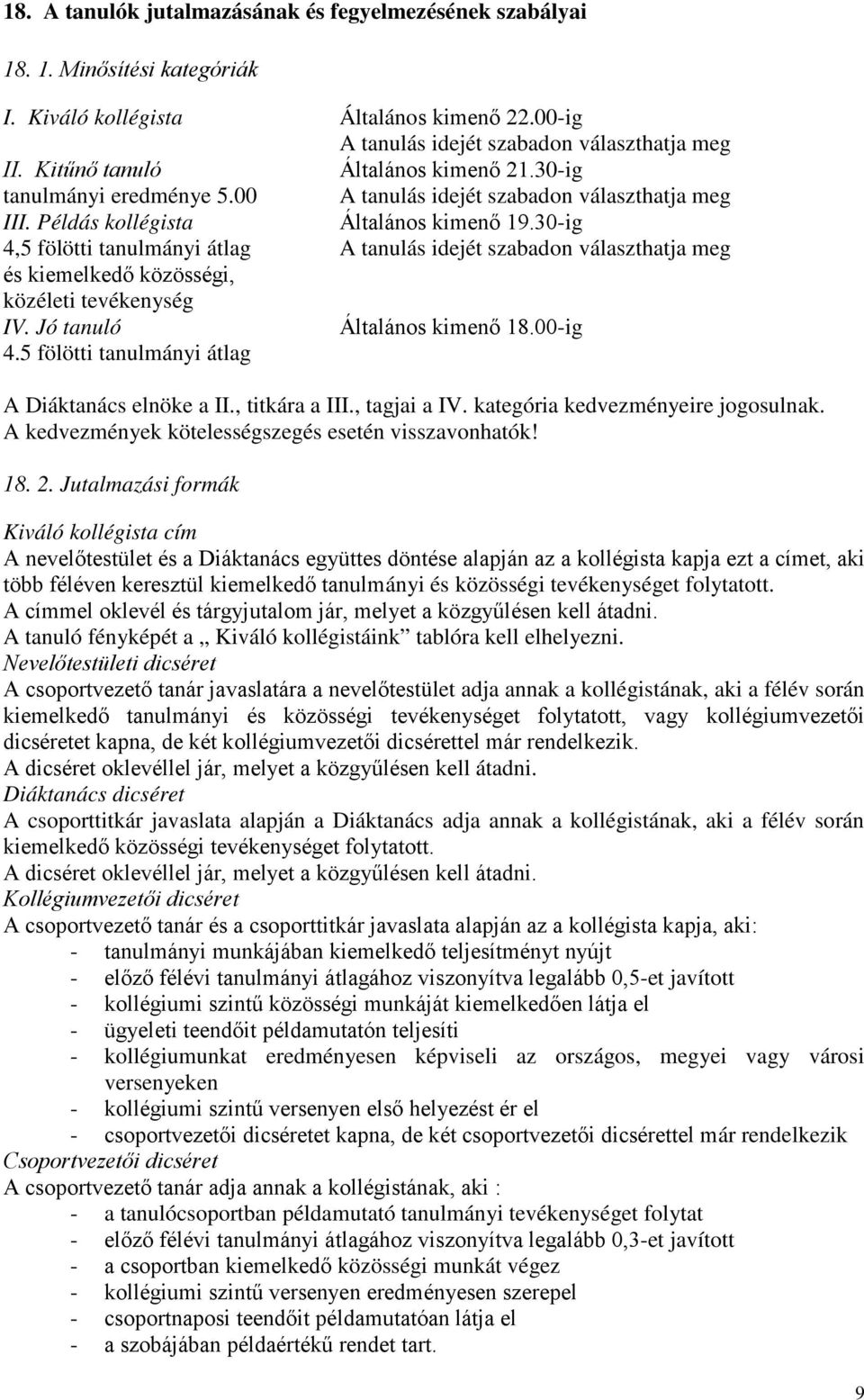 30-ig 4,5 fölötti tanulmányi átlag A tanulás idejét szabadon választhatja meg és kiemelkedő közösségi, közéleti tevékenység IV. Jó tanuló Általános kimenő 18.00-ig 4.