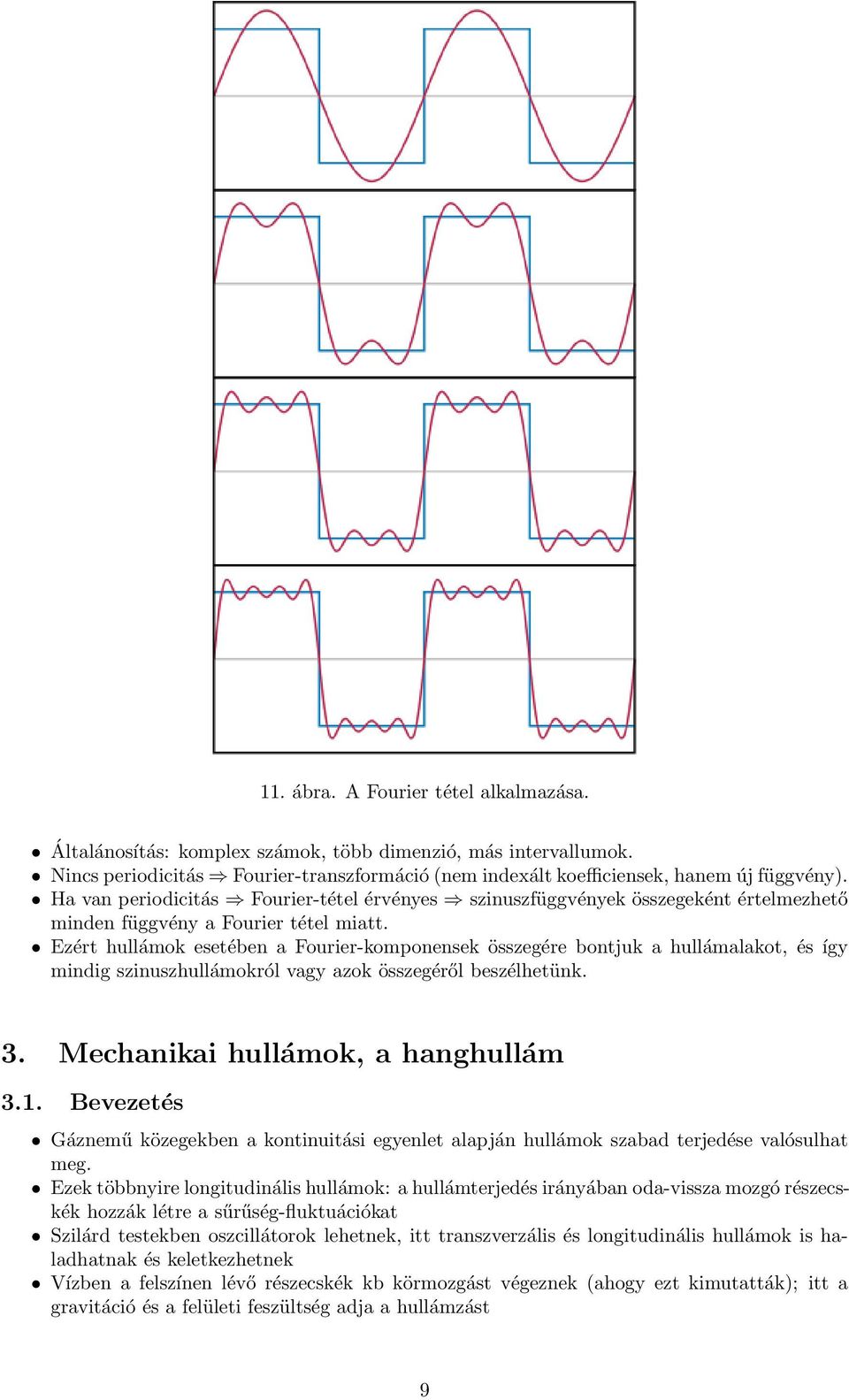 Ezért hullámok esetében a Fourier-komponensek összegére bontjuk a hullámalakot, és így mindig szinuszhullámokról vagy azok összegéről beszélhetünk. 3. Mechanikai hullámok, a hanghullám 3.1.
