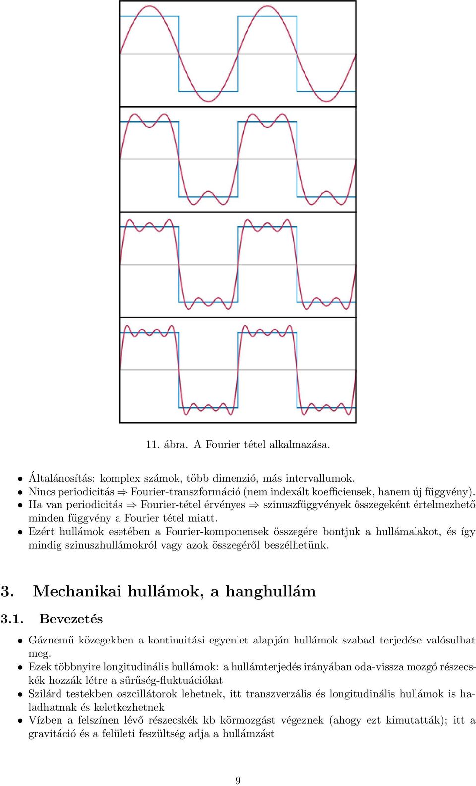 Ezért hullámok esetében a Fourier-komponensek összegére bontjuk a hullámalakot, és így mindig szinuszhullámokról vagy azok összegéről beszélhetünk. 3. Mechanikai hullámok, a hanghullám 3.1.