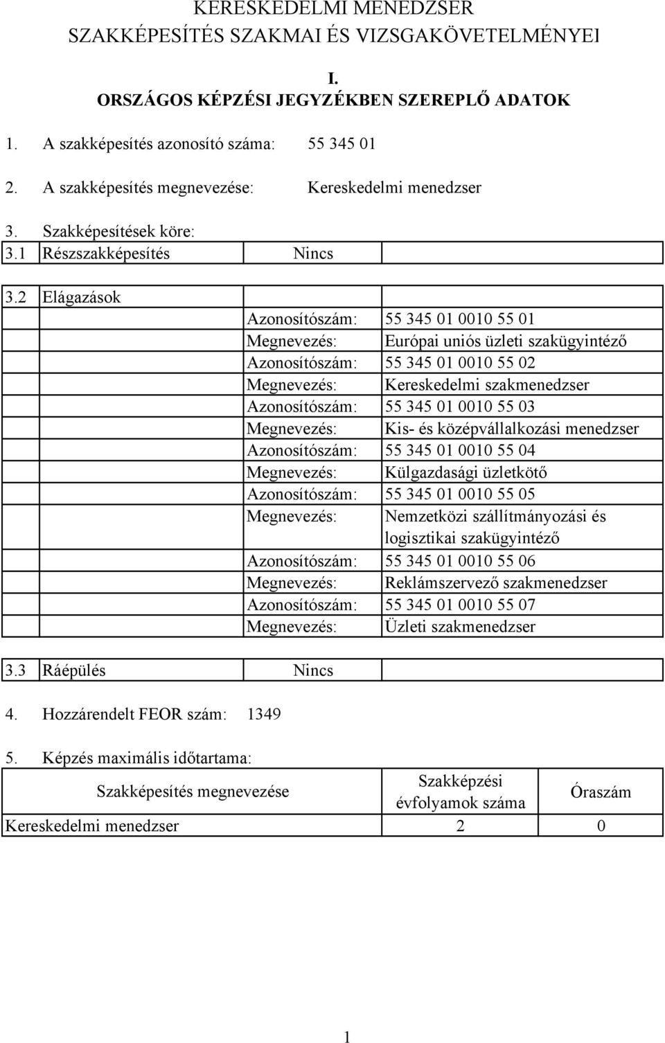 Hozzárendelt FEOR szám: Azonosítószám: 55 345 01 0010 55 01 Megnevezés: Európai uniós üzleti szakügyintéző Azonosítószám: 55 345 01 0010 55 02 Megnevezés: Kereskedelmi szakmenedzser Azonosítószám: 55