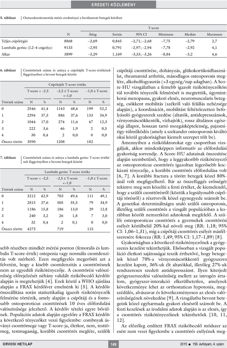 táblázat Csonttörések száma és aránya a csípőtájék T-score-értékének függvényében a bevont betegek között Csípőtájék T-score-értéke T-score < 2,5 2,5 T-score < 1,0 1,0 T-score Törések száma N % N % N