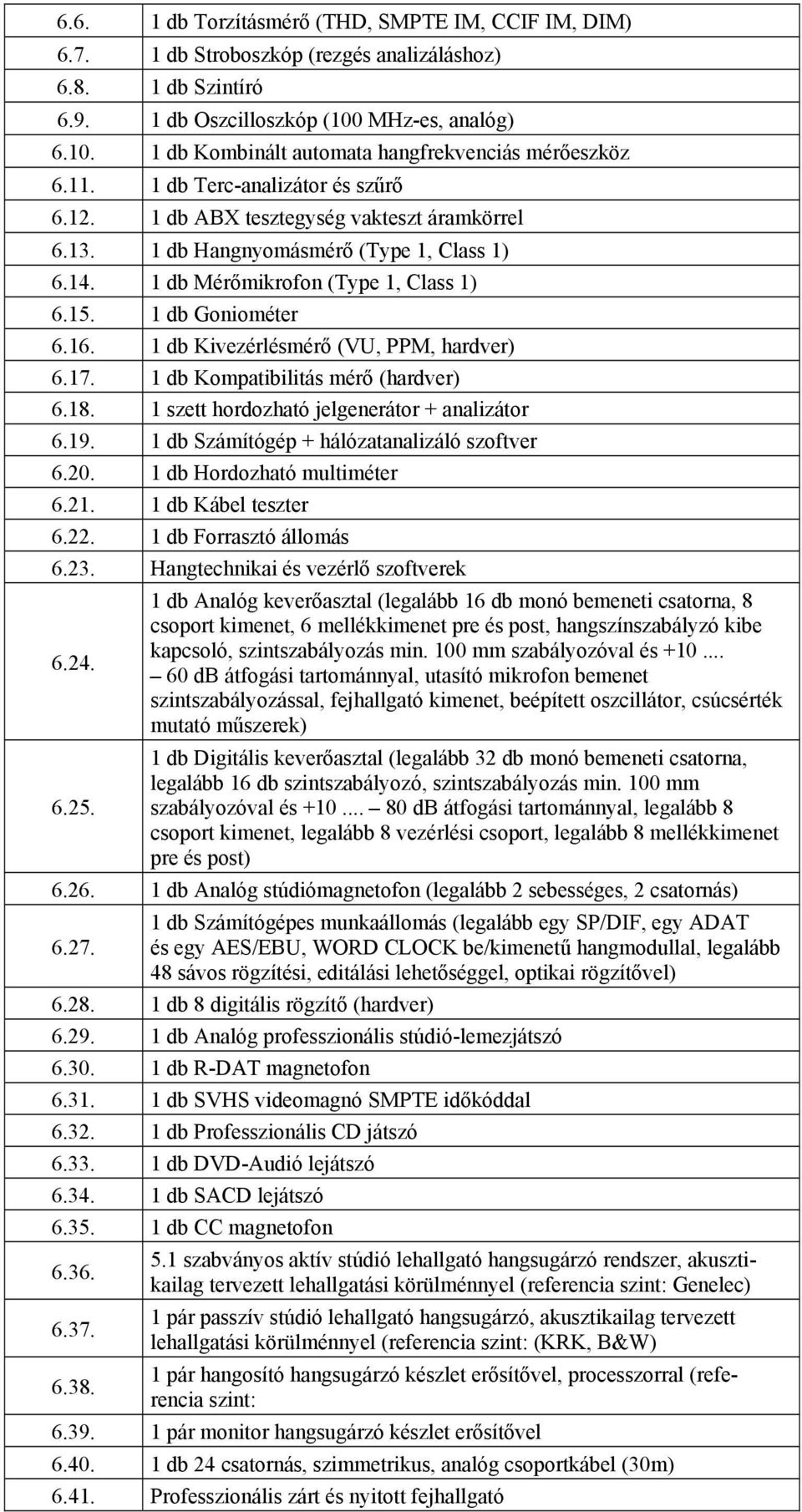 1 db Kivezérlésmérő (VU, PPM, hardver) 6.17. 1 db Kompatibilitás mérő (hardver) 6.18. 1 szett hordozható jelgenerátor + analizátor 6.19. 1 db Számítógép + hálózatanalizáló szoftver 6.20.