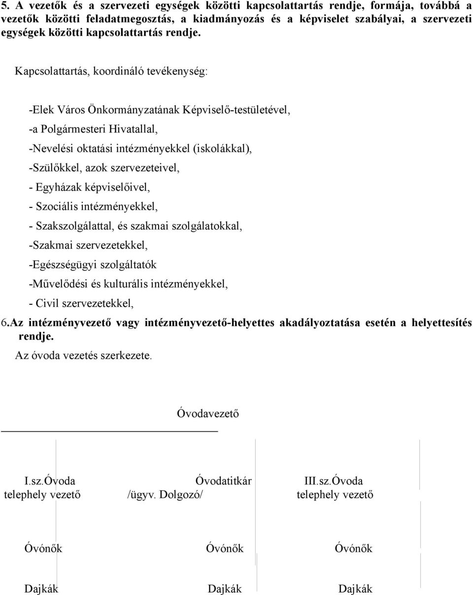 Kapcsolattartás, koordináló tevékenység: -Elek Város Önkormányzatának Képviselő-testületével, -a Polgármesteri Hivatallal, -Nevelési oktatási intézményekkel (iskolákkal), -Szülőkkel, azok