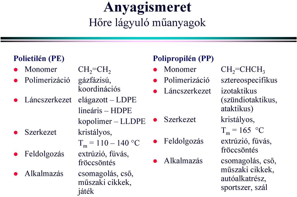 műszaki cikkek, játék Polipropilén (PP) Monomer CH 2 =CHCH 3 Polimerizáció sztereospecifikus Láncszerkezet izotaktikus (szündiotaktikus,