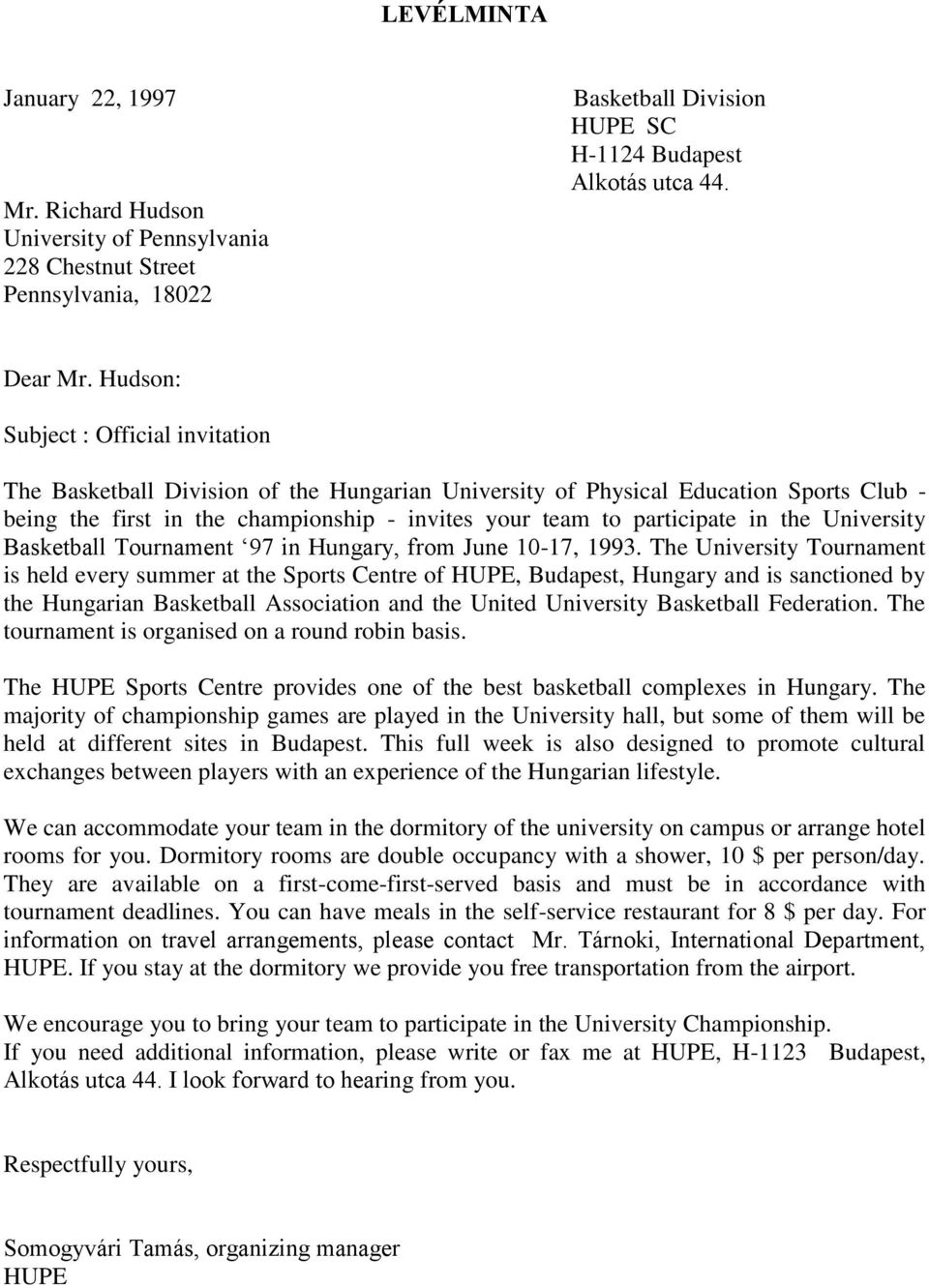 the University Basketball Tournament 97 in Hungary, from June 10-17, 1993.
