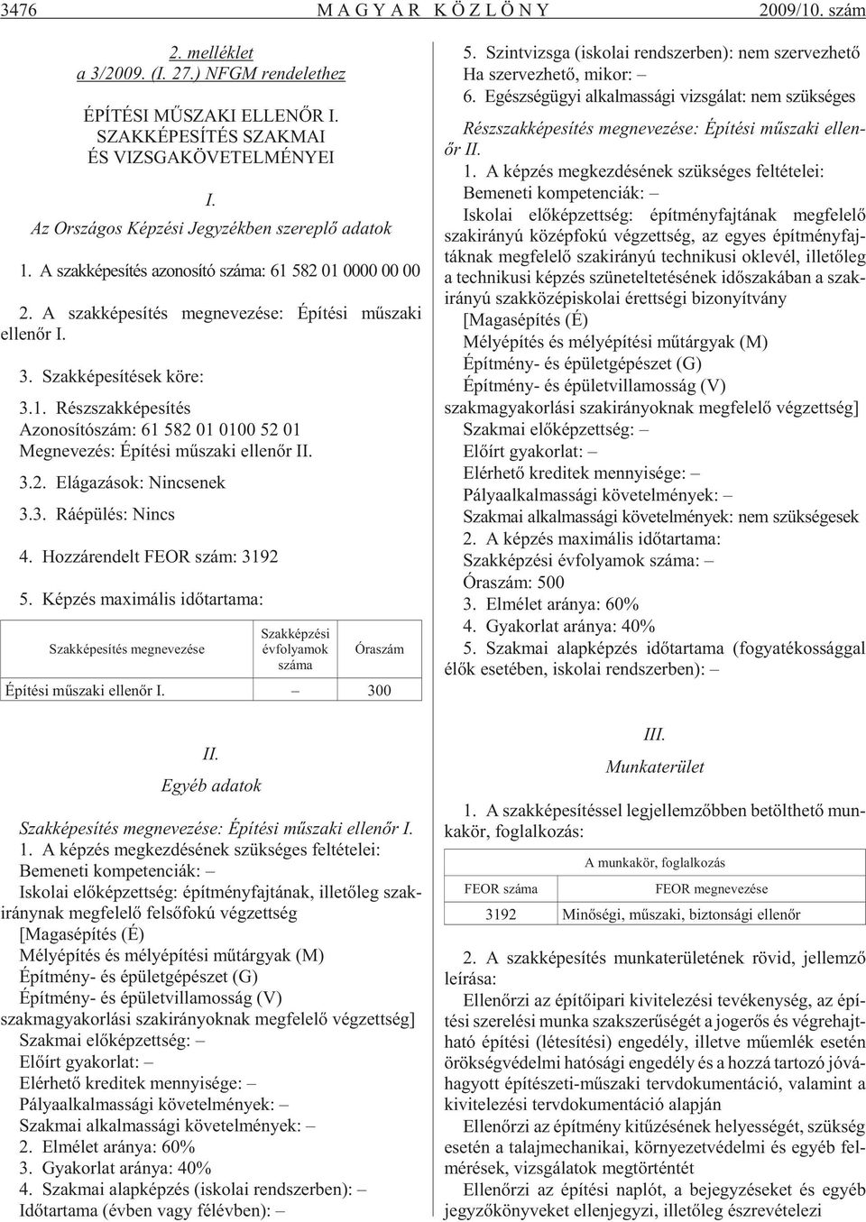 Szak ké pe sí té sek köre: 3.1. Rész szak ké pe sí tés Azo no sí tó szám: 61 582 01 0100 52 01 Meg ne ve zés: Épí té si mû sza ki el len õr II. 3.2. El ága zá sok: Nin cse nek 3.3. Rá épü lés: Nincs 4.