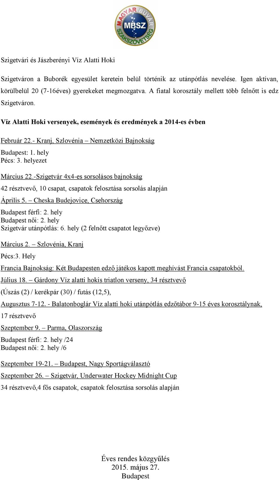 helyezet Március 22.-Szigetvár 4x4-es sorsolásos bajnokság 42 résztvevő, 10 csapat, csapatok felosztása sorsolás alapján Április 5. Cheska Budejovice, Csehország férfi: 2. hely női: 2.