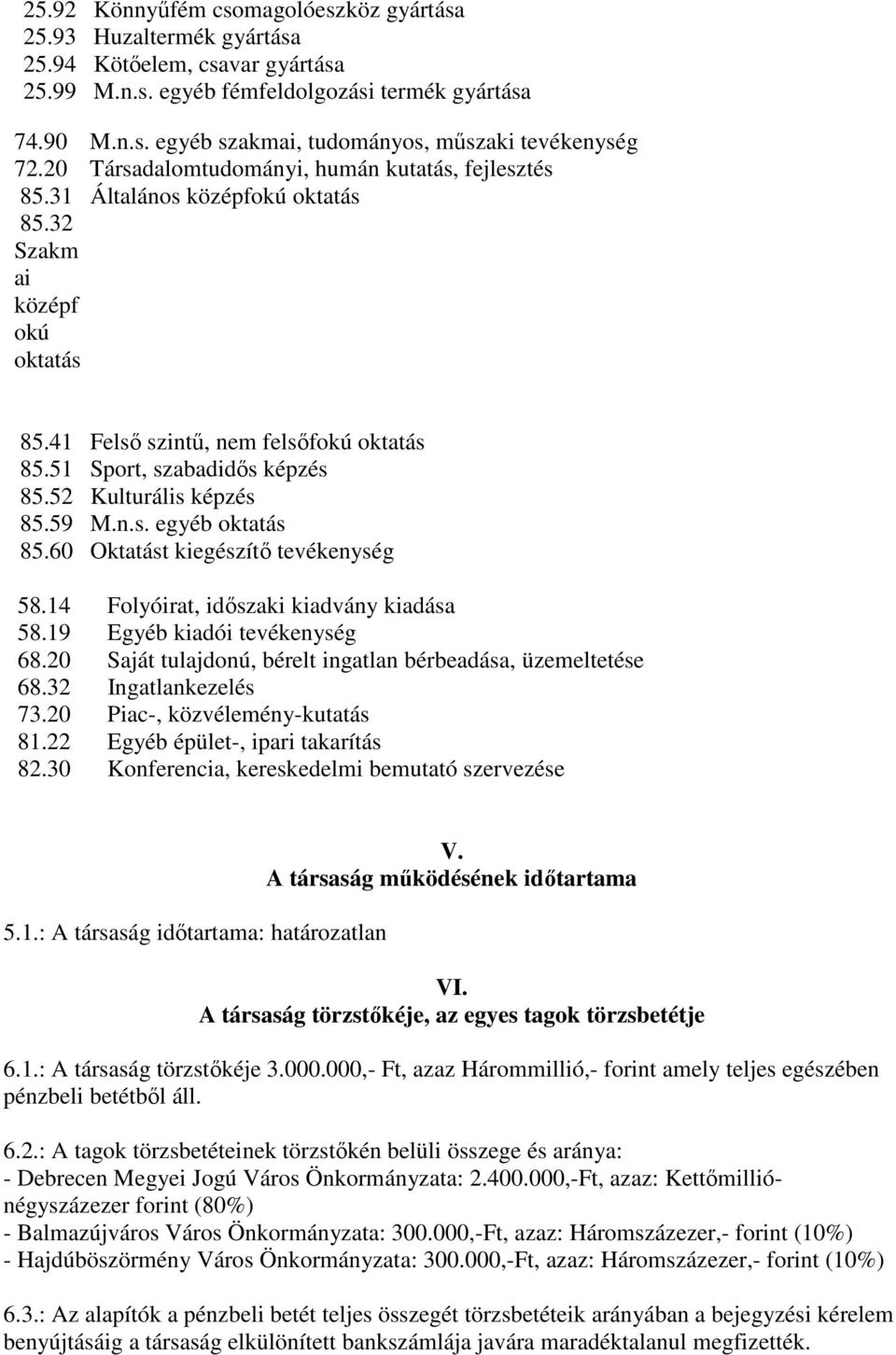 52 Kulturális képzés 85.59 M.n.s. egyéb oktatás 85.60 Oktatást kiegészítı tevékenység 58.14 Folyóirat, idıszaki kiadvány kiadása 58.19 Egyéb kiadói tevékenység 68.