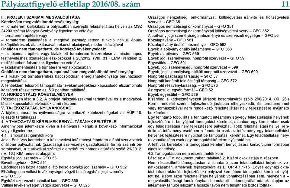 tornaterem építése vagy tornaterem kialakítása a meglévő iskolaépületben funkció nélküli épületek/épületrészek átalakításával, rekonstrukciójával, modernizációjával Önállóan nem támogatható, de