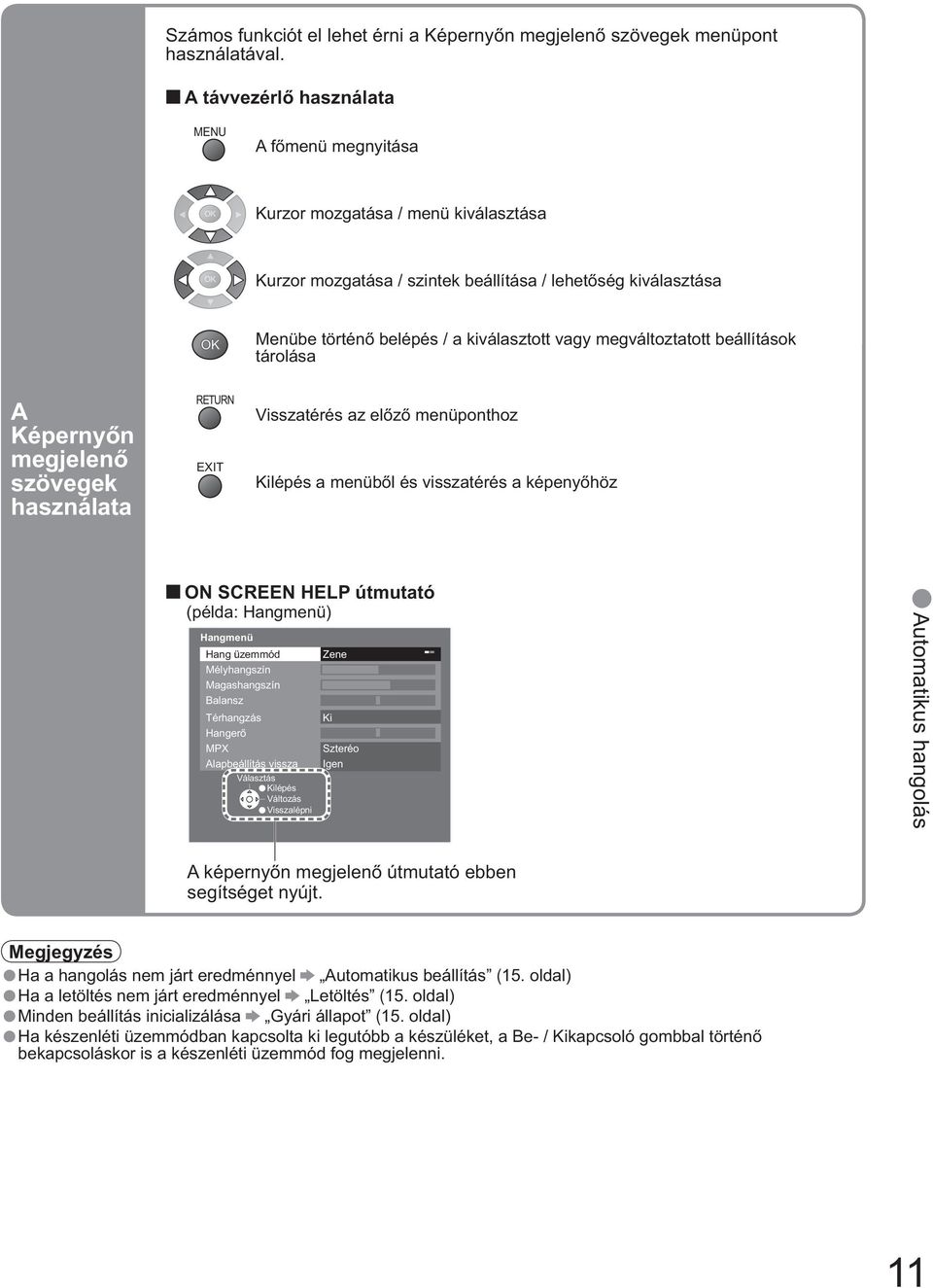 megváltoztatott beállítások tárolása A Képerny n megjelen szövegek használata RETURN EXIT Visszatérés az el z menüponthoz Kilépés a menüb l és visszatérés a képeny höz ON SCREEN HELP útmutató (példa: