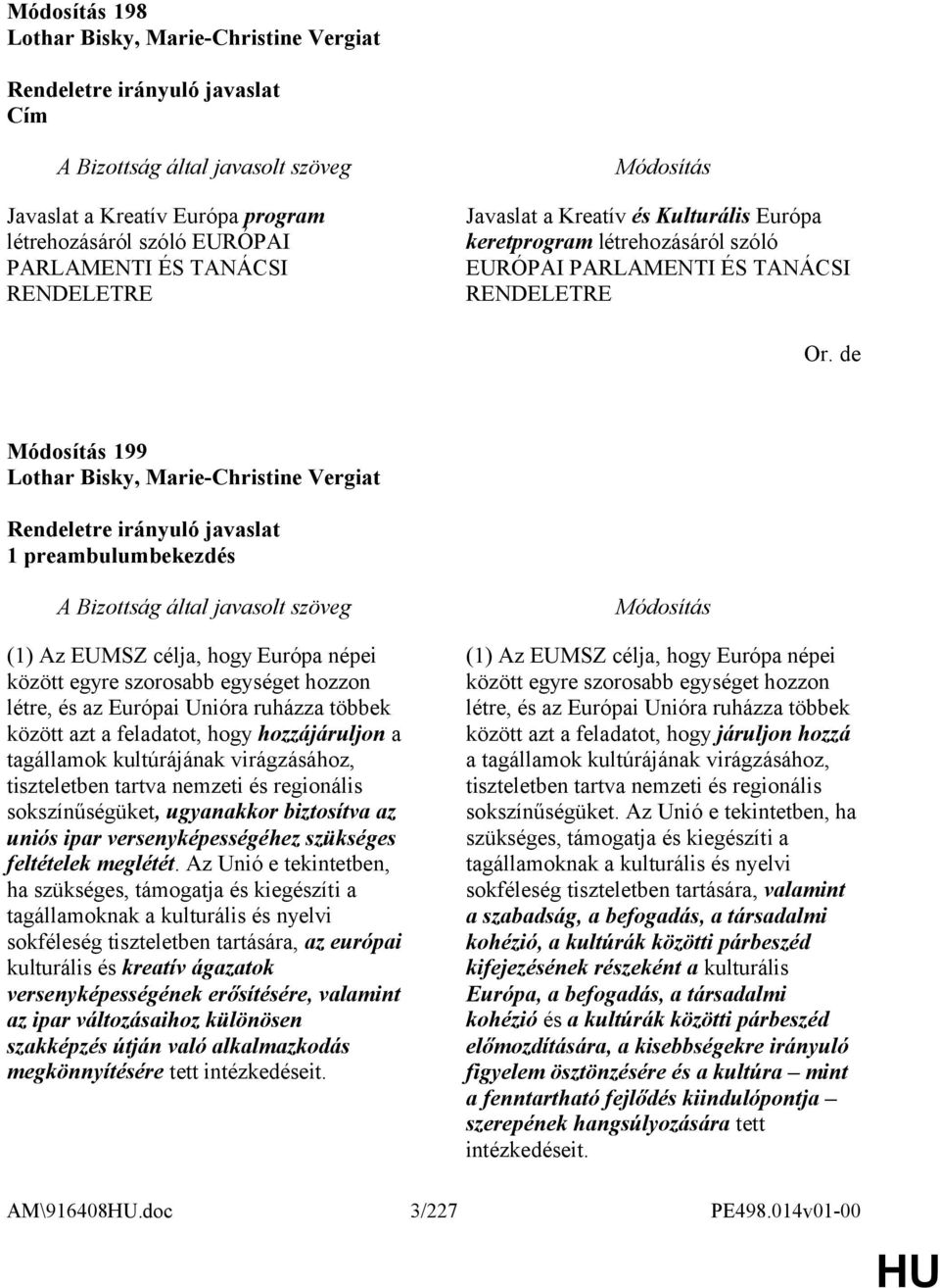 de 199 Lothar Bisky, Marie-Christine Vergiat 1 preambulumbekezdés (1) Az EUMSZ célja, hogy Európa népei között egyre szorosabb egységet hozzon létre, és az Európai Unióra ruházza többek között azt a