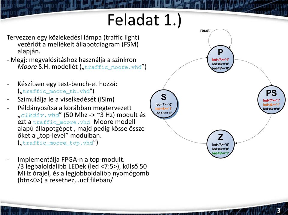 vhd ) - Szimulálja le a viselkedését(isim) - Példányosítsa a korábban megtervezett clkdiv.vhd (50 Mhz -> ~3 Hz) modult és ezt a traffic_moore.