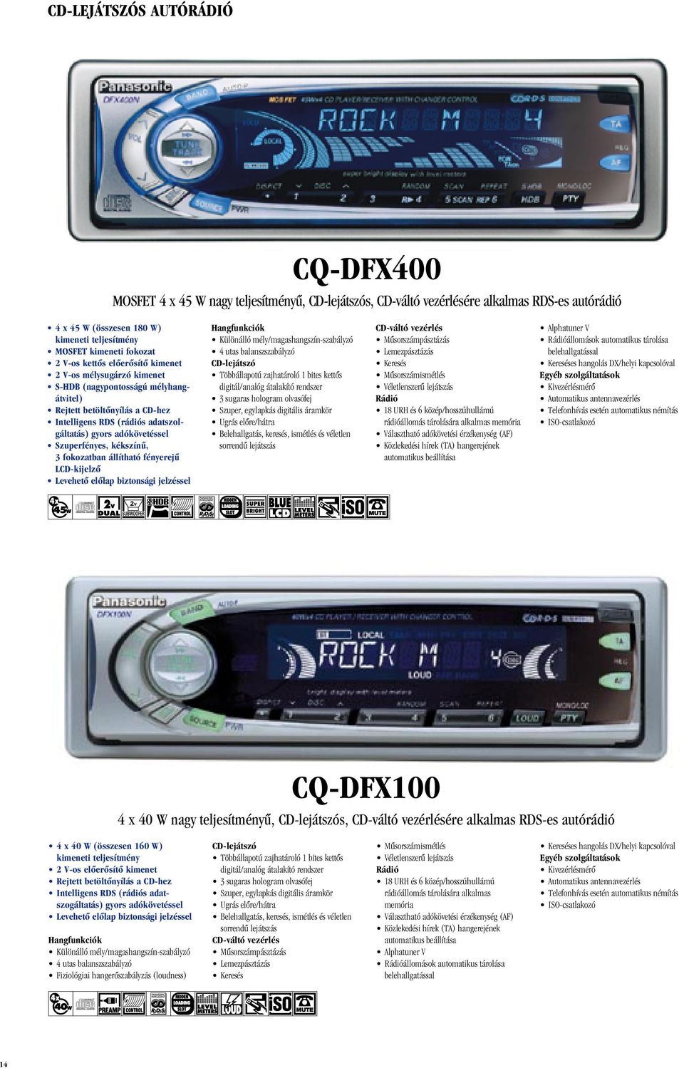 LCD-kijelzô Hangfunkciók Különálló mély/magashangszín-szabályzó 4 utas balanszszabályzó CD-lejátszó Többállapotú zajhatároló 1 bites kettôs digitál/analóg átalakító rendszer 3 sugaras hologram