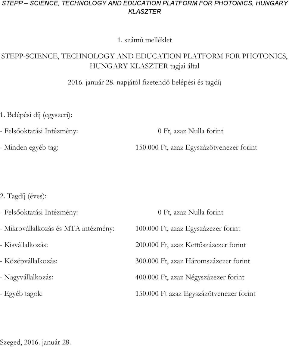 Tagdíj (éves): - Felsőoktatási Intézmény: 0 Ft, azaz Nulla forint - Mikrovállalkozás és MTA intézmény: 100.000 Ft, azaz Egyszázezer forint - Kisvállalkozás: 200.