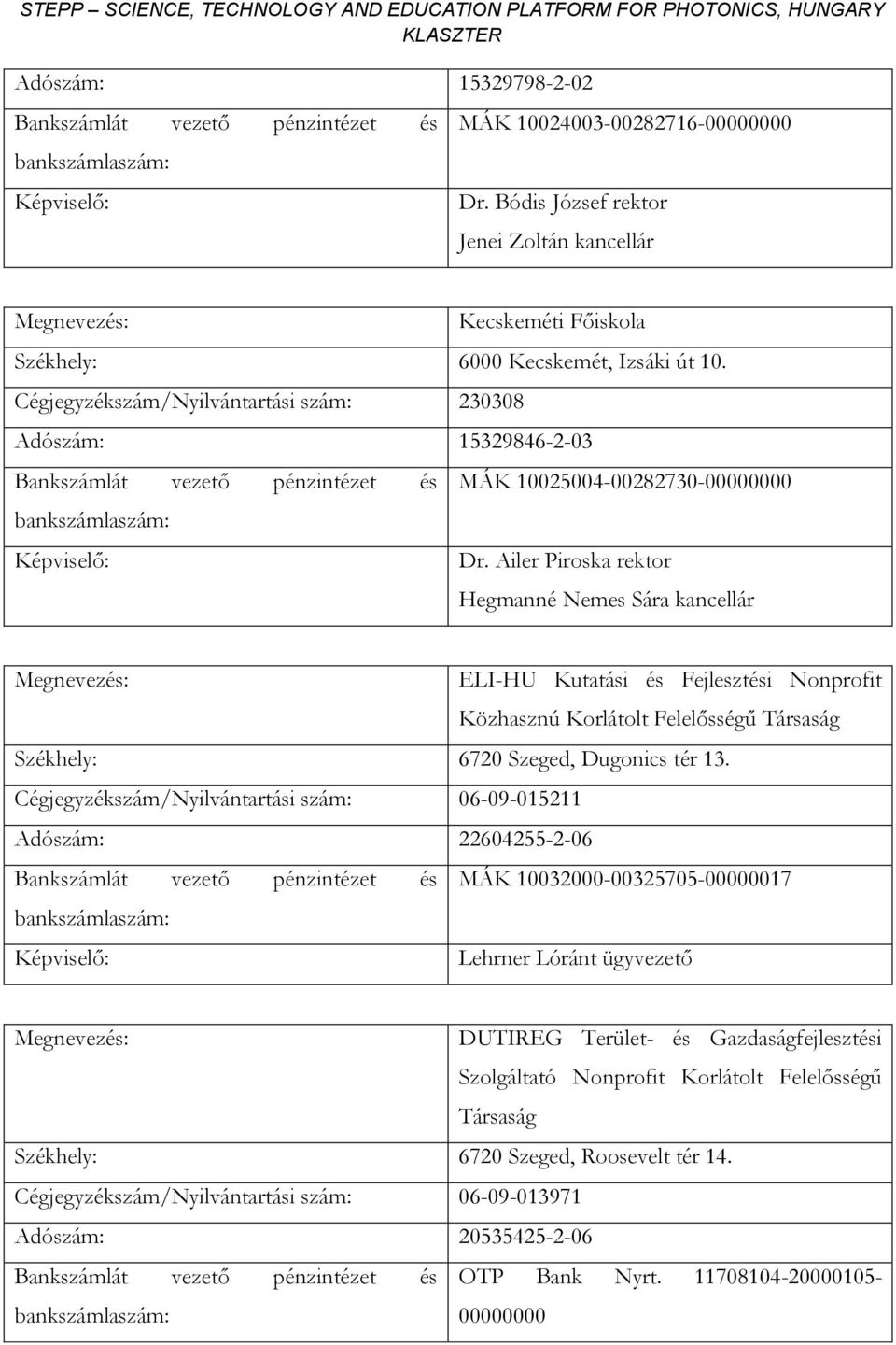 Cégjegyzékszám/Nyilvántartási szám: 230308 Adószám: 15329846-2-03 Bankszámlát vezető pénzintézet és MÁK 10025004-00282730-00000000 bankszámlaszám: Képviselő: Dr.