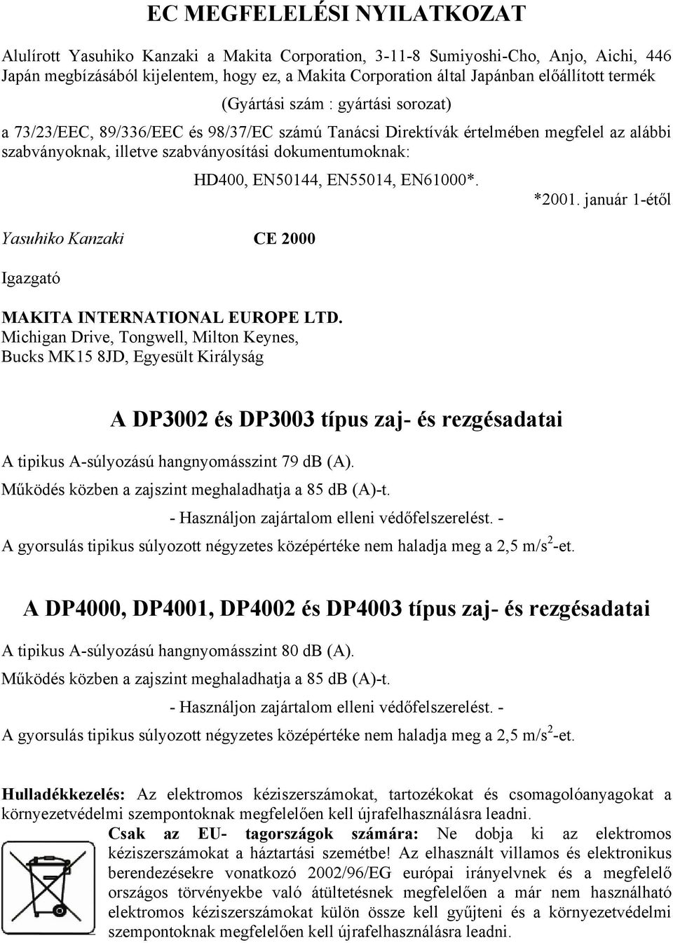 dokumentumoknak: HD400, EN50144, EN55014, EN61000*. *2001. január 1-étől Yasuhiko Kanzaki CE 2000 Igazgató MAKITA INTERNATIONAL EUROPE LTD.