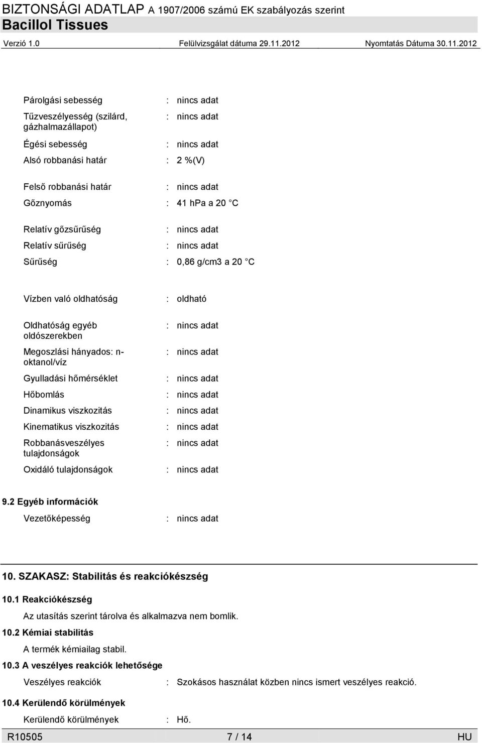 Robbanásveszélyes tulajdonságok Oxidáló tulajdonságok : oldható 9.2 Egyéb információk Vezetőképesség 10. SZAKASZ: Stabilitás és reakciókészség 10.