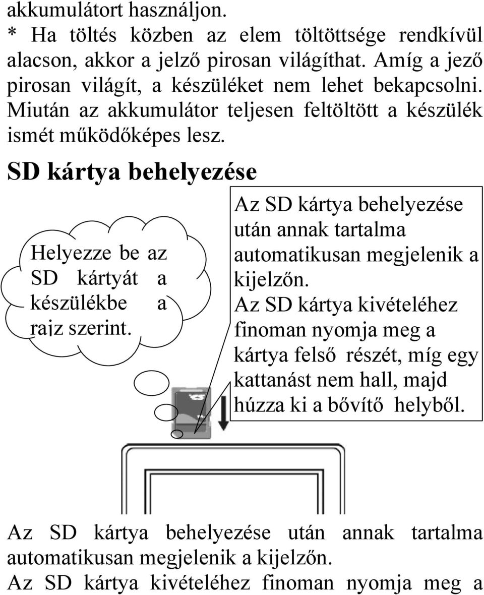 SD kártya behelyezése Helyezze be az SD kártyát a készülékbe a rajz szerint. Az SD kártya behelyezése után annak tartalma automatikusan megjelenik a kijelzőn.