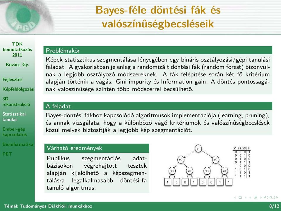 A fák felépítése során két fõ kritérium alapján történik a vágás: Gini impurity és Information gain. A döntés pontosságának valószínûsége szintén több módszerrel becsülhetõ.