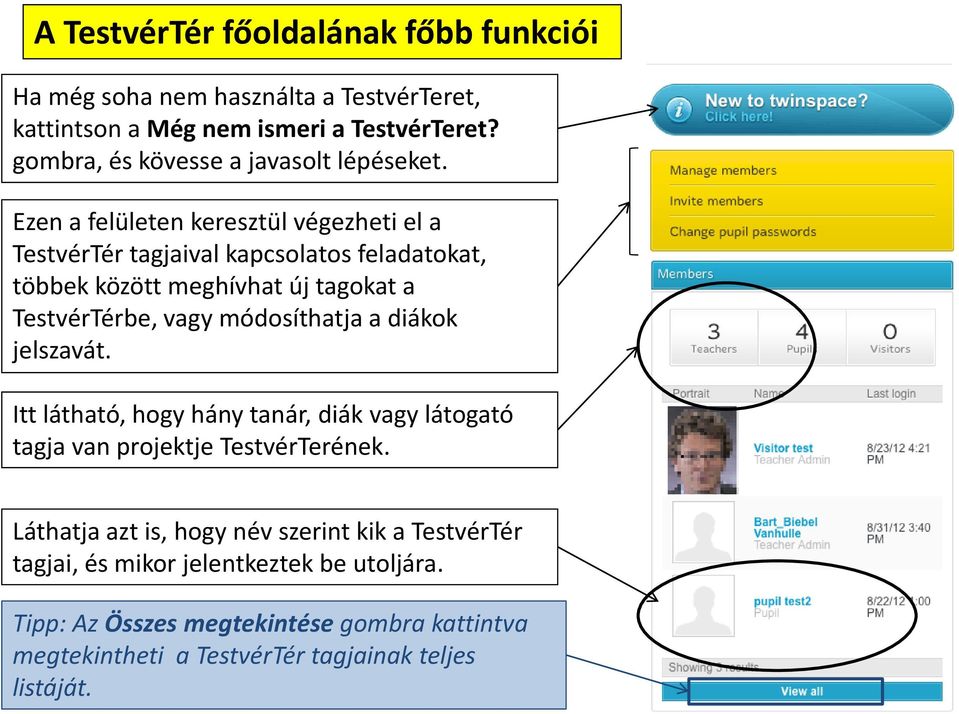 Ezen a felületen keresztül végezheti el a TestvérTér tagjaival kapcsolatos feladatokat, többek között meghívhat új tagokat a TestvérTérbe, vagy