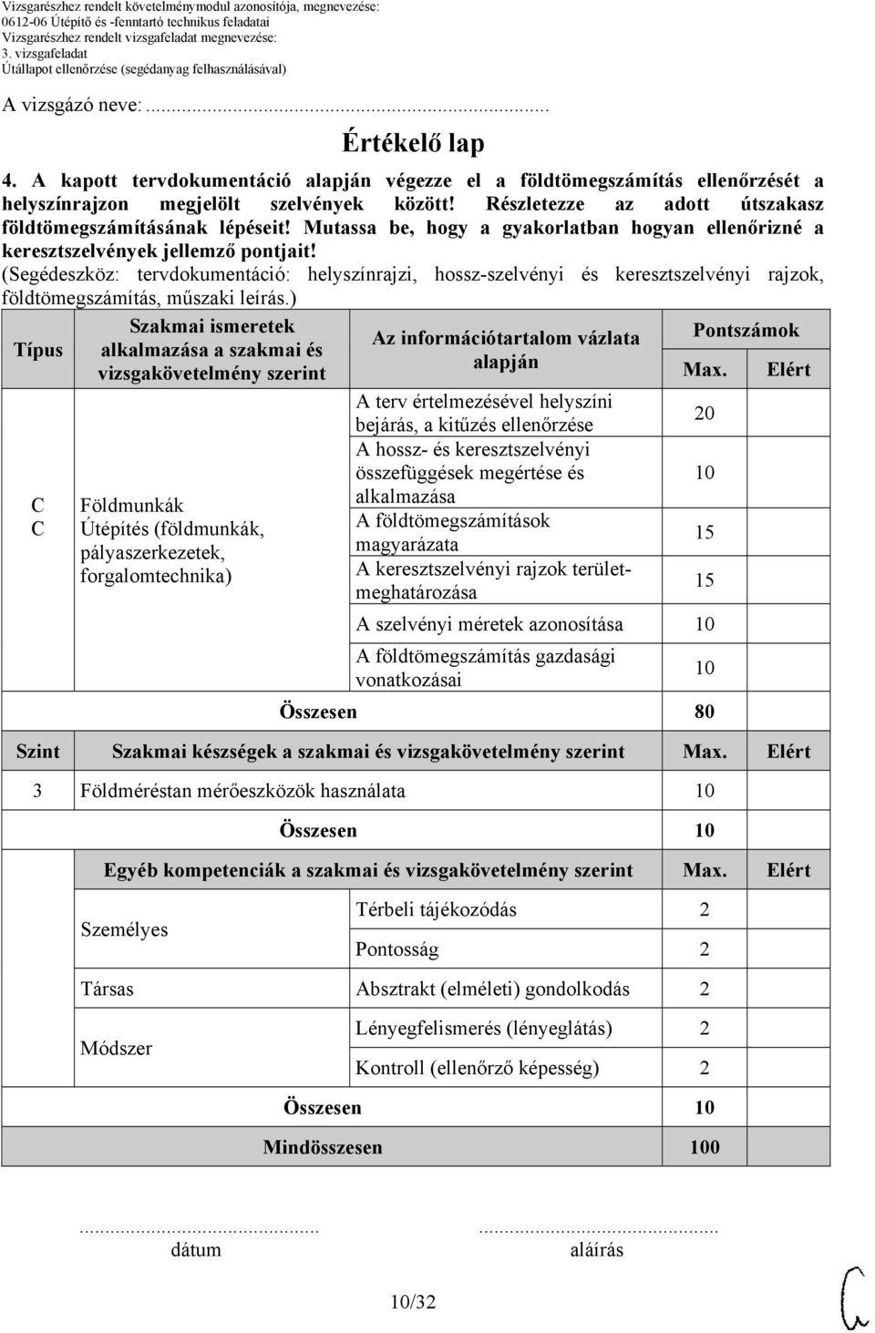 (Segédeszköz: tervdokumentáció: helyszínrajzi, hossz-szelvényi és keresztszelvényi rajzok, földtömegszámítás, műszaki leírás.