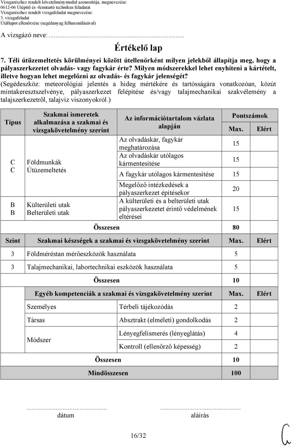 (Segédeszköz: meteorológiai jelentés a hideg mértékére és tartósságára vonatkozóan, közút mintakeresztszelvénye, pályaszerkezet felépítése és/vagy talajmechanikai szakvélemény a talajszerkezetről,