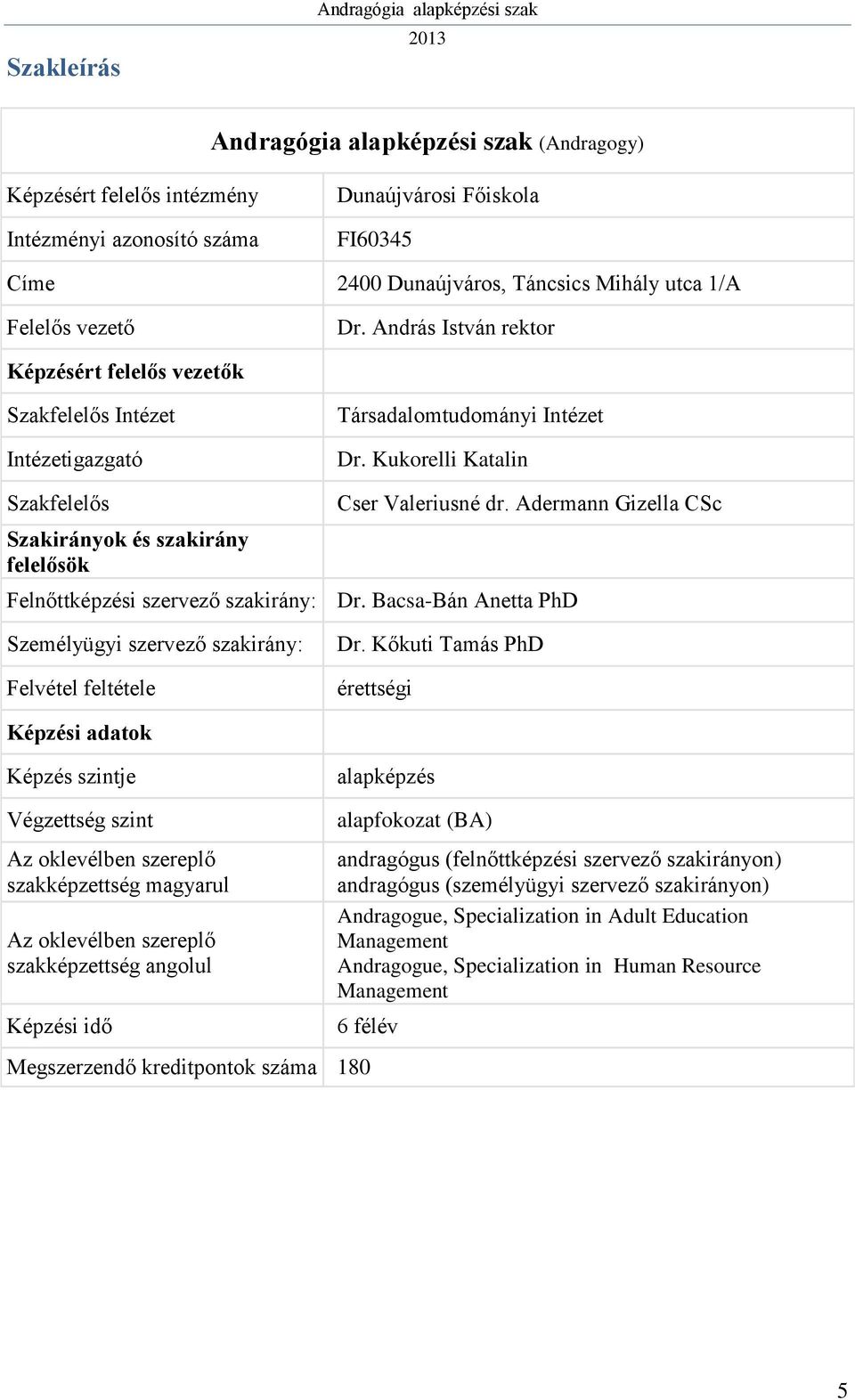 Adermann Gizella CSc Felnőttképzési szervező szakirány: Dr. Bacsa-Bán Anetta PhD Személyügyi szervező szakirány: Felvétel feltétele Dr.