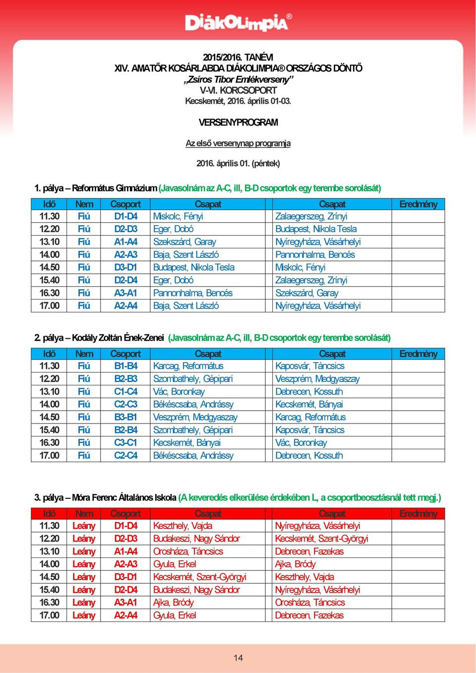 30 Fiú D1-D4 Miskolc, Fényi Zalaegerszeg, Zrínyi 12.20 Fiú D2-D3 Eger, Dobó Budapest, Nikola Tesla 13.10 Fiú A1-A4 Szekszárd, Garay Nyíregyháza, Vásárhelyi 14.