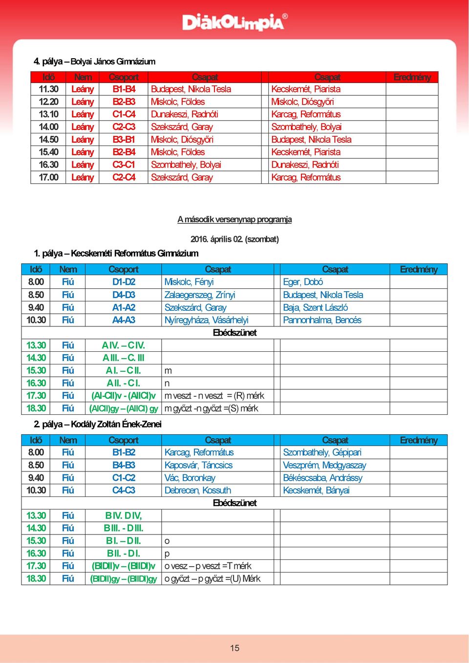 40 Leány B2-B4 Miskolc, Földes Kecskemét, Piarista 16.30 Leány C3-C1 Szombathely, Bolyai Dunakeszi, Radnóti 17.00 Leány C2-C4 Szekszárd, Garay Karcag, Református 1.