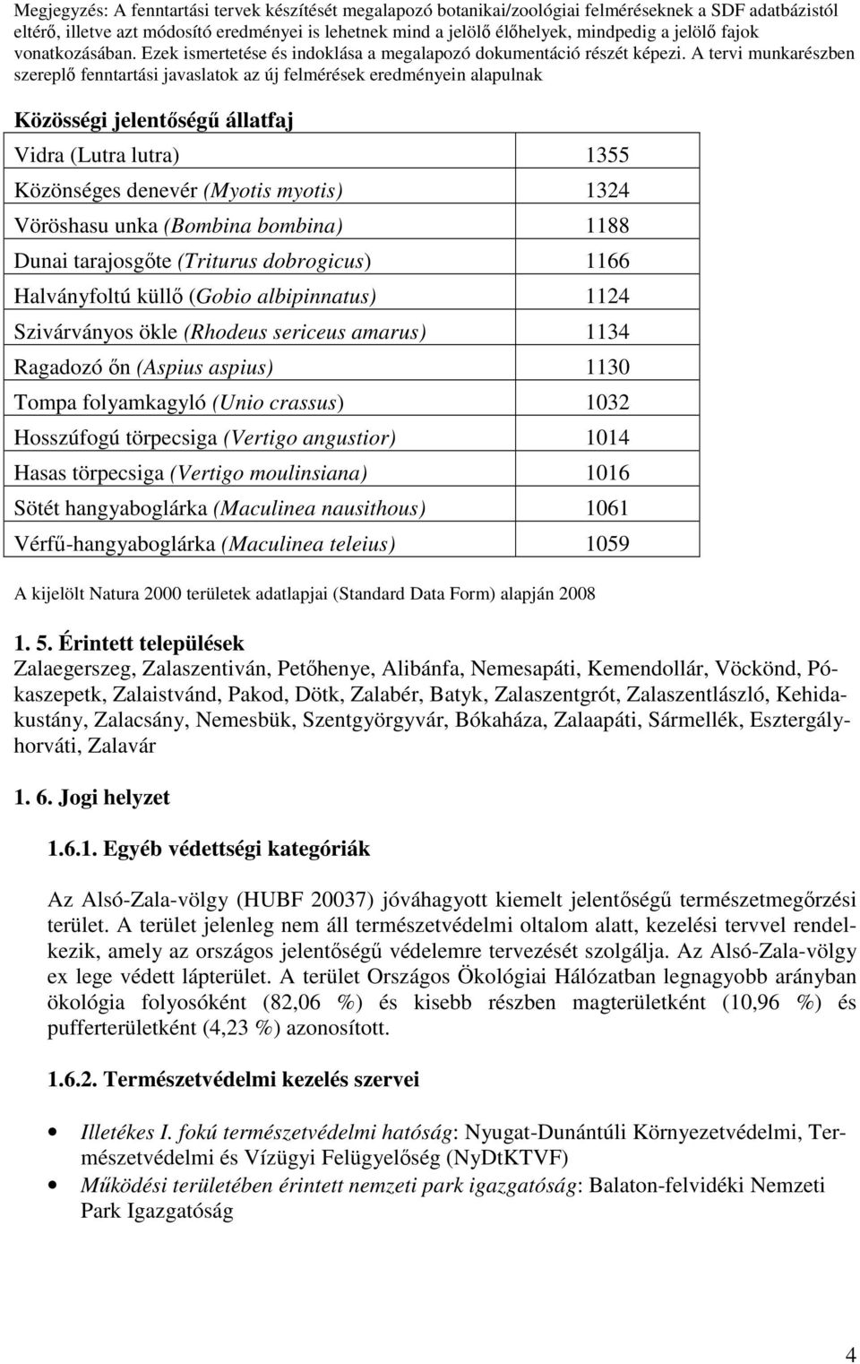 A tervi munkarészben szereplı fenntartási javaslatok az új felmérések eredményein alapulnak Közösségi jelentıségő állatfaj Vidra (Lutra lutra) 1355 Közönséges denevér (Myotis myotis) 1324 Vöröshasu