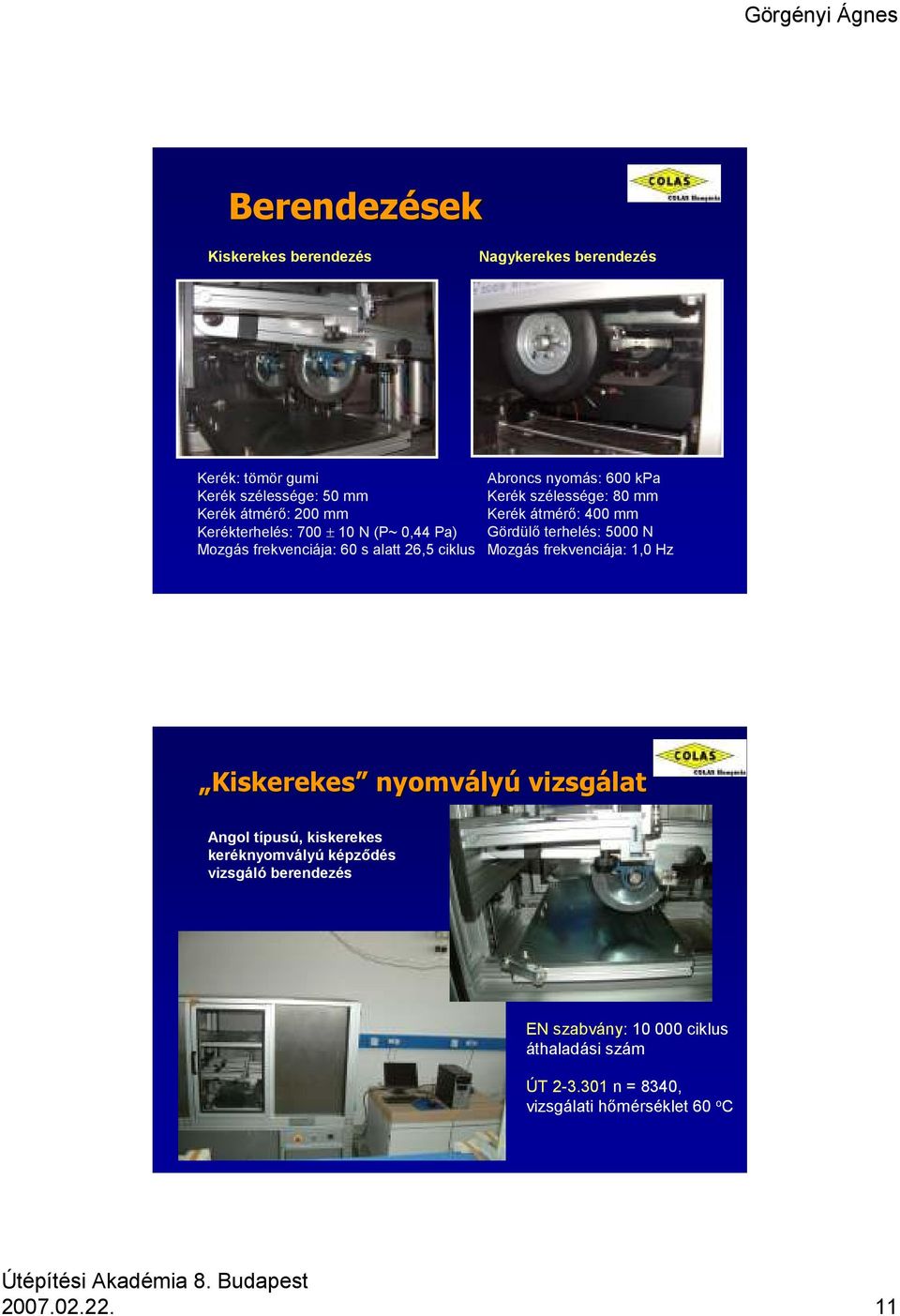 Kerék átmérő: 400 mm Gördülő terhelés: 5000 N Mozgás frekvenciája: 1,0 Hz Kiskerekes nyomvály lyú vizsgálat Angol típusú, kiskerekes