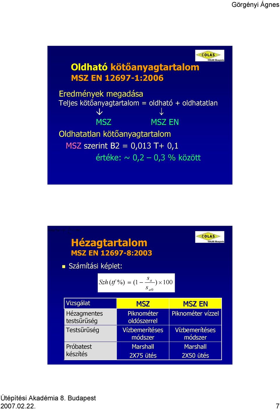 12697-8:2003 Számítási képlet: k s Szh ( tf %) = (1 s a a 0 ) 100 Vizsgálat Hézagmentes testsűrűség Testsűrűség Próbatest készítés MSZ