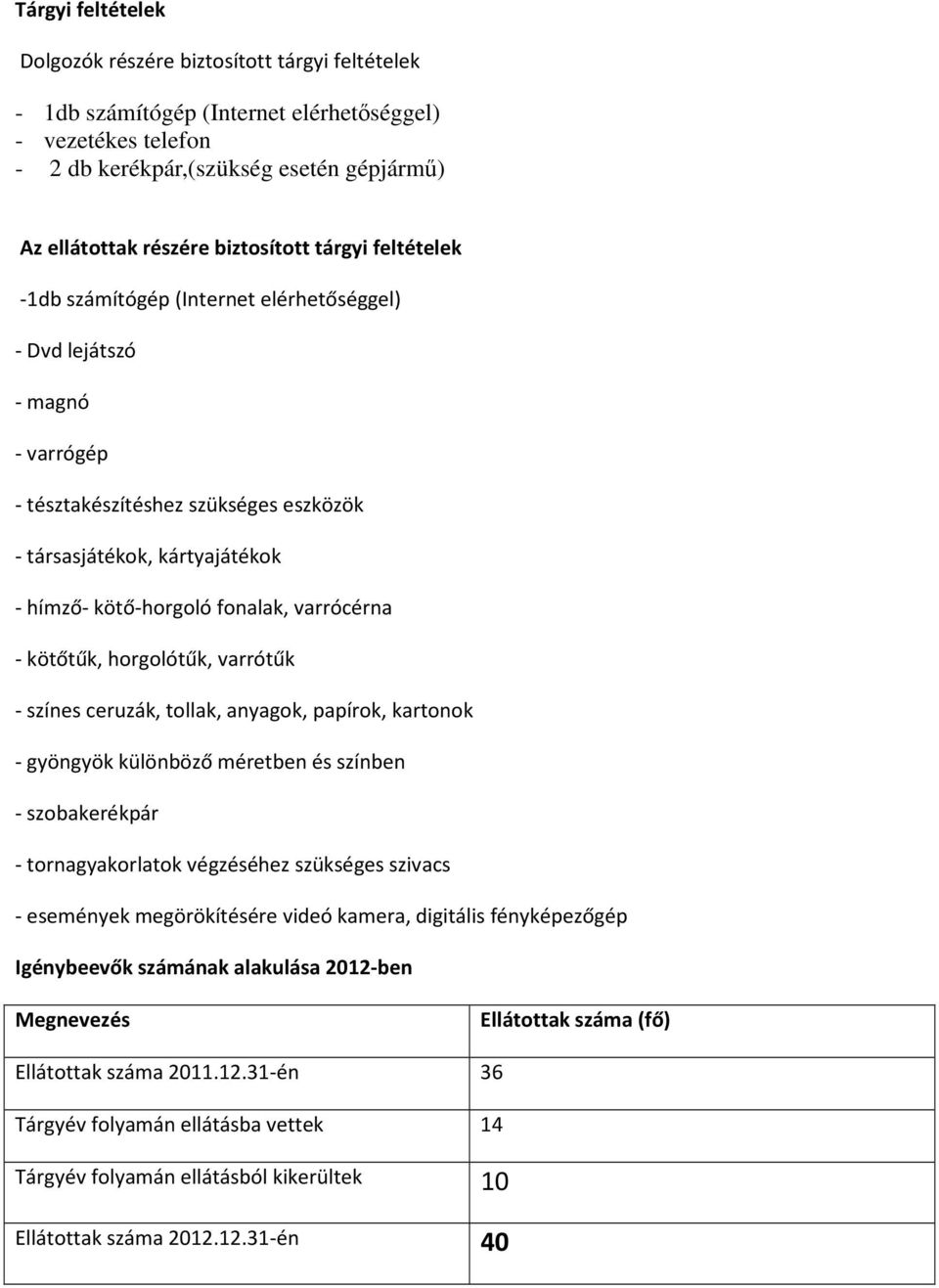 fonalak, varrócérna - kötőtűk, horgolótűk, varrótűk - színes ceruzák, tollak, anyagok, papírok, kartonok - gyöngyök különböző méretben és színben - szobakerékpár - tornagyakorlatok végzéséhez