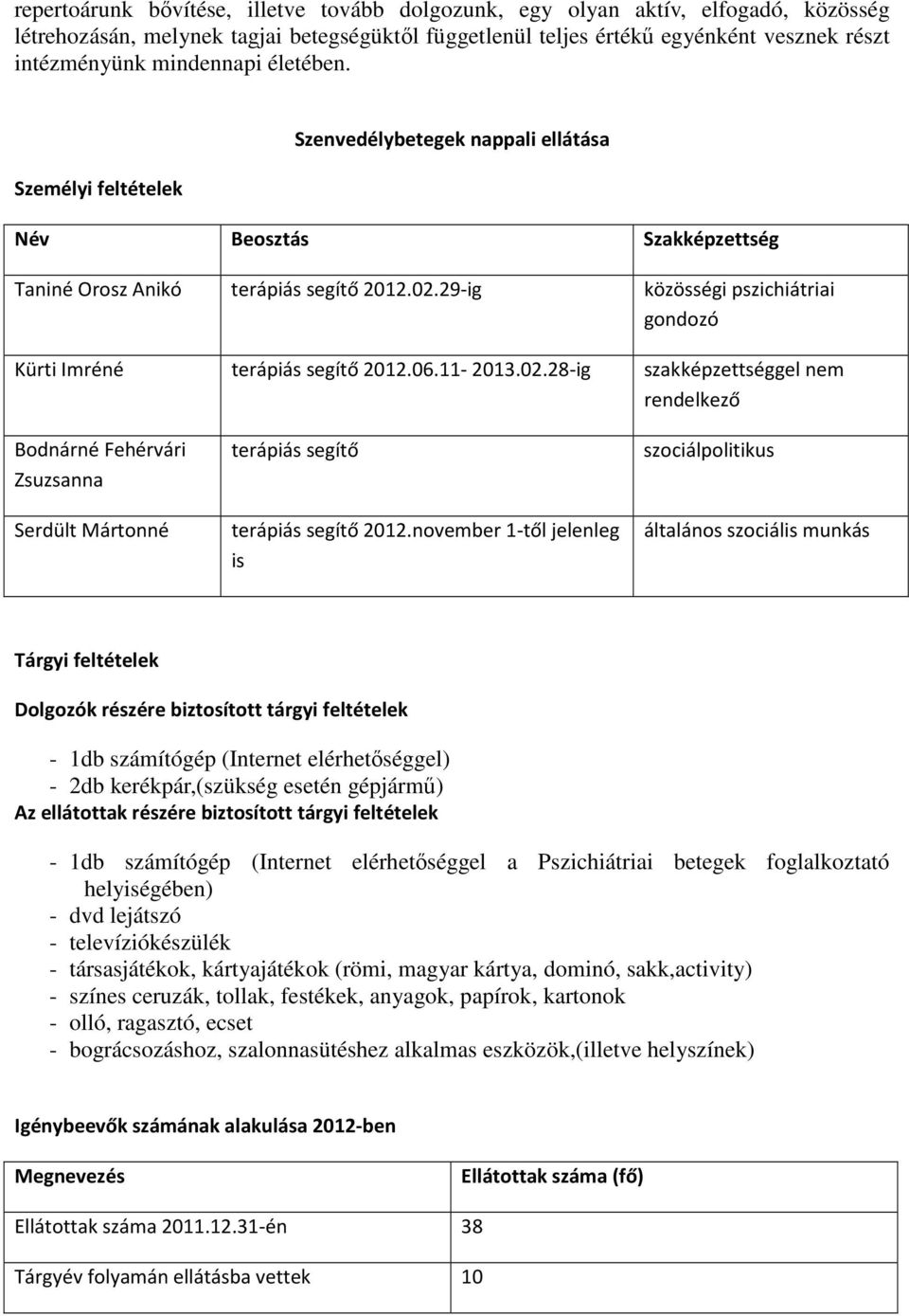 29-ig közösségi pszichiátriai gondozó Kürti Imréné terápiás segítő 2012.06.11-2013.02.