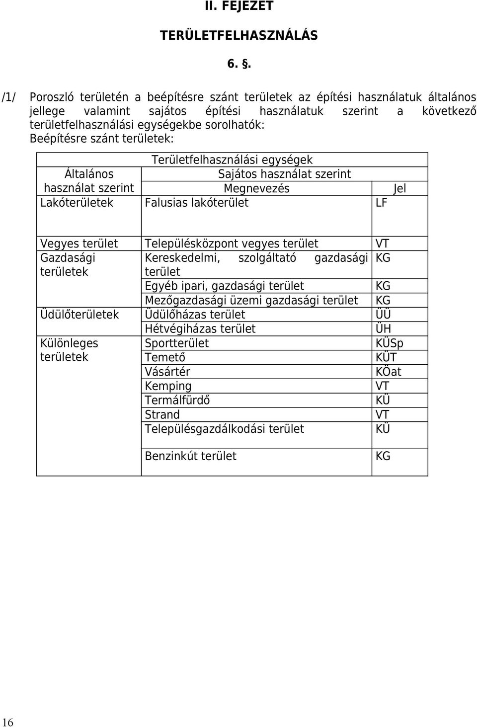 Beépítére zánt k: Területfelhaználái egyégek Általáno haználat zerint Sajáto haználat zerint Megnevezé Jel Lakók Faluia lakóterület LF Vegye terület Települéközpont vegye