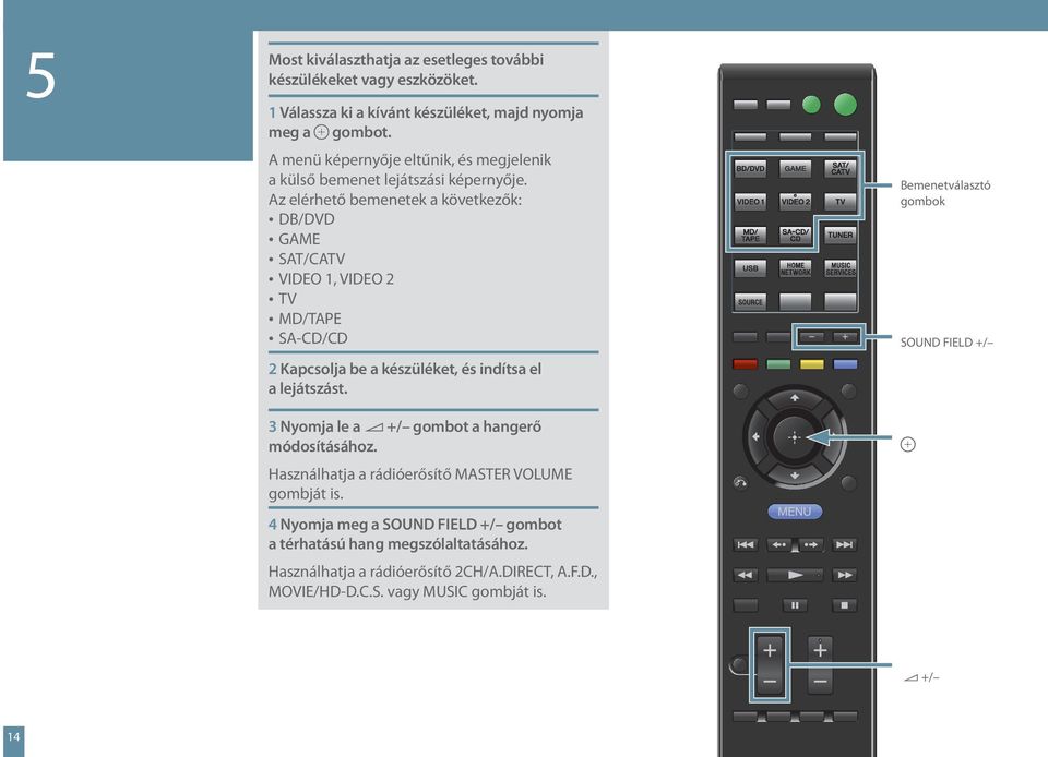 Az elérhető bemenetek a következők: DB/DVD GAME SAT/CATV VIDEO 1, VIDEO 2 TV MD/TAPE SA-CD/CD 2 Kapcsolja be a készüléket, és indítsa el a lejátszást.