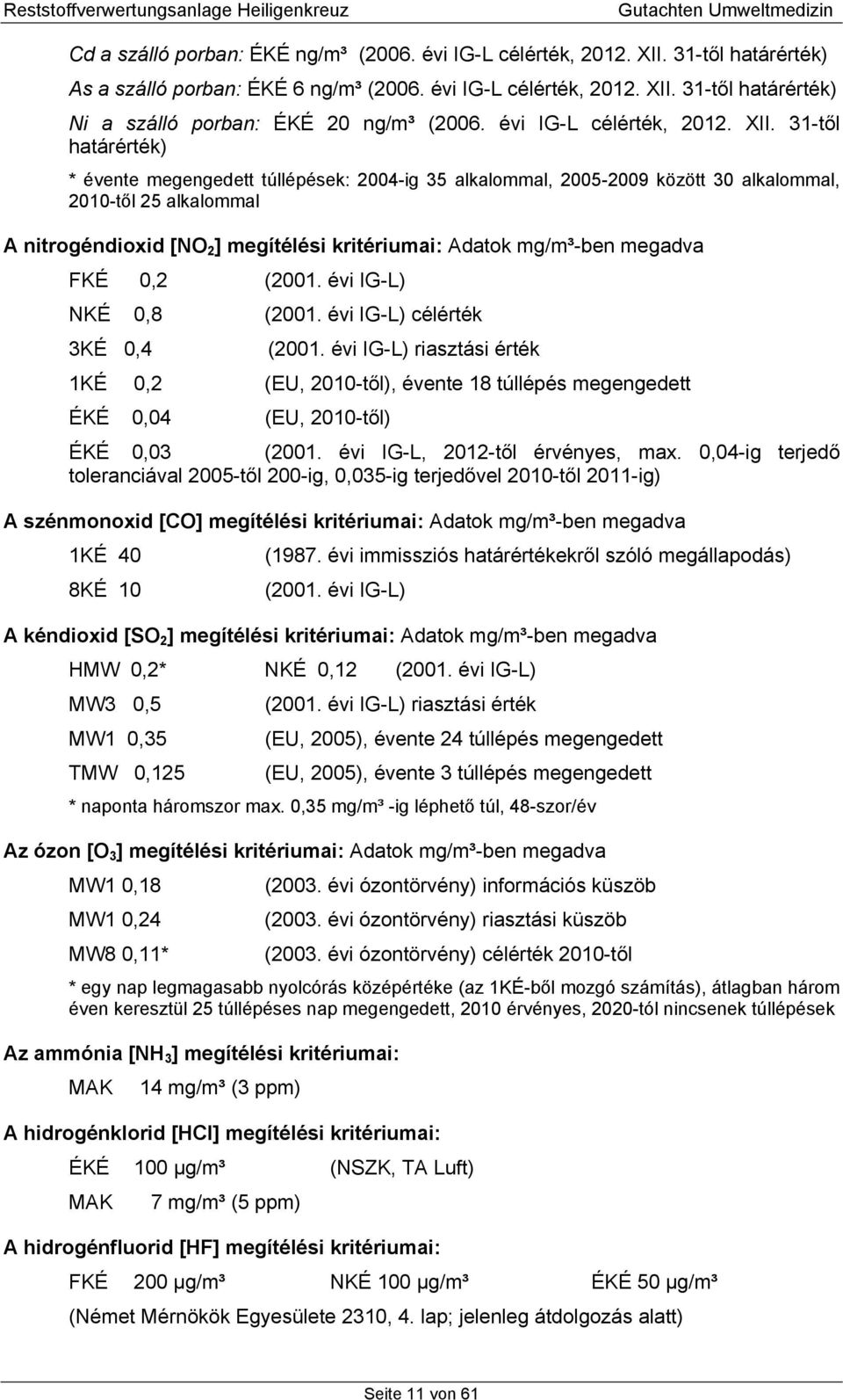 31-től határérték) * évente megengedett túllépések: 2004-ig 35 alkalommal, 2005-2009 között 30 alkalommal, 2010-től 25 alkalommal A nitrogéndioxid [NO 2 ] megítélési kritériumai: Adatok mg/m³-ben