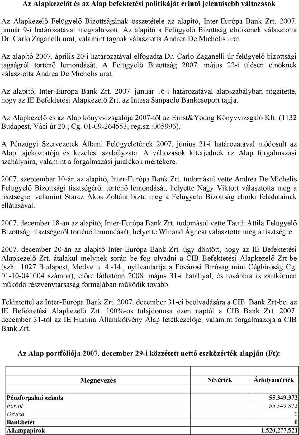 április 2-i határozatával elfogadta Dr. Carlo Zaganelli úr felügyelő bizottsági tagságról történő lemondását. A Felügyelő Bizottság 27. május 22-i ülésén elnöknek választotta Andrea De Michelis urat.