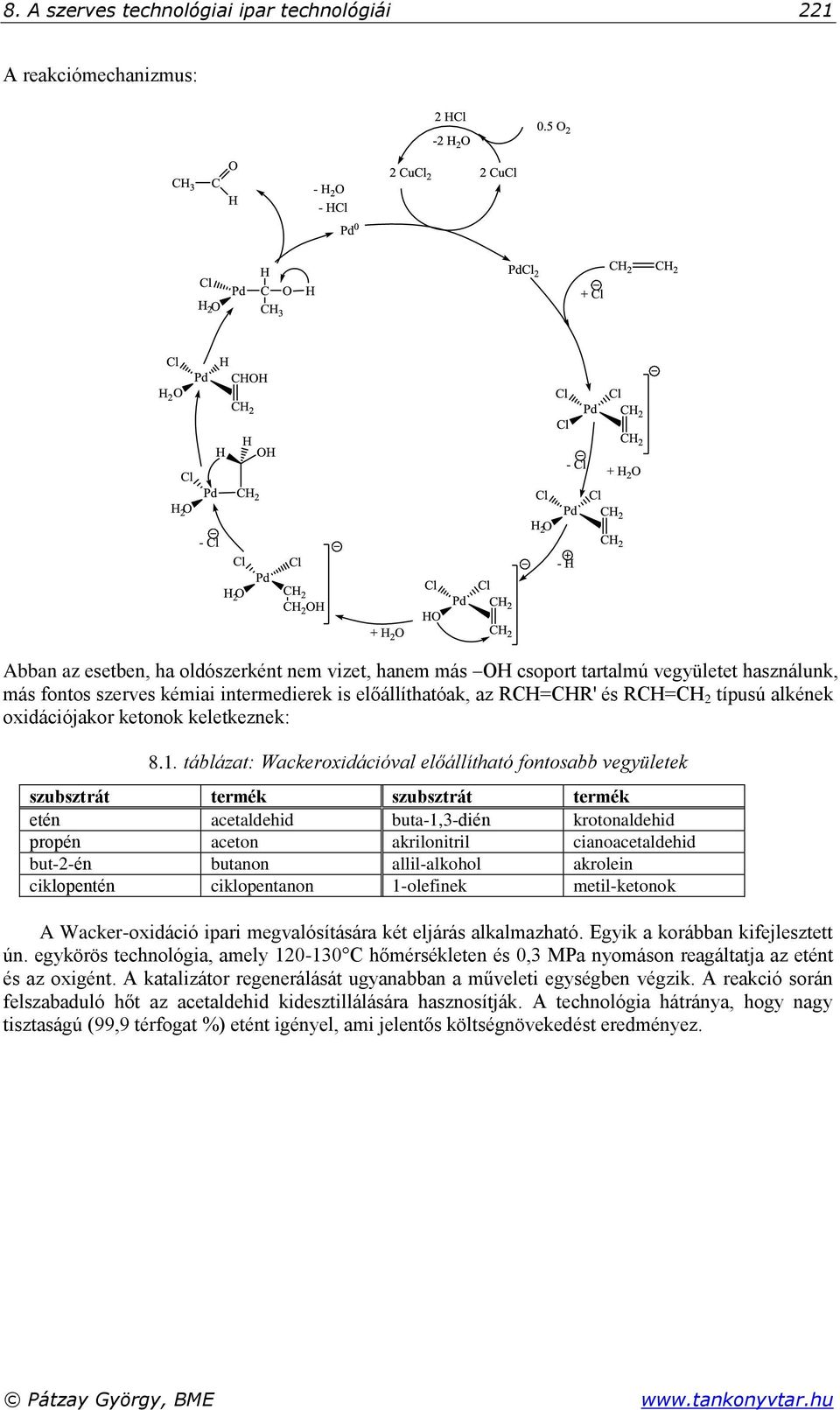 táblázat: Wackeroxidációval előállítható fontosabb vegyületek szubsztrát termék szubsztrát termék etén acetaldehid buta-1,3-dién krotonaldehid propén aceton akrilonitril cianoacetaldehid but-2-én