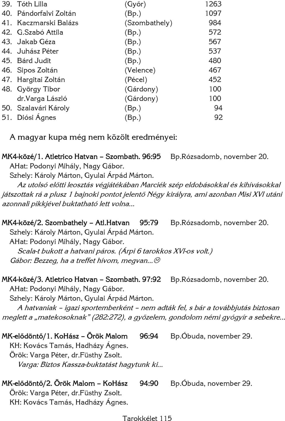 ) 92 A magyar kupa még nem közölt eredményei: MK4-közé/1. Atletrico Hatvan Szombath. 96:95 Bp.Rózsadomb, november 20. AHat: Podonyi Mihály, Nagy Gábor. Szhely: Károly Márton, Gyulai Árpád Márton.