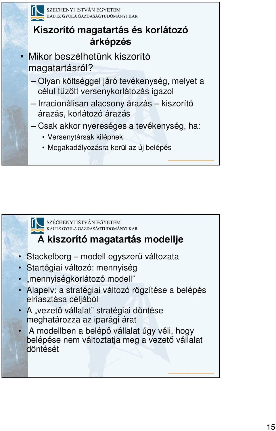 evékenység, ha: Versenyársak kilének Megakadályozásra kerül az új beléés A kiszoríó magaarás modellje Sakelberg modell egyszerû válozaa Sarégiai válozó: