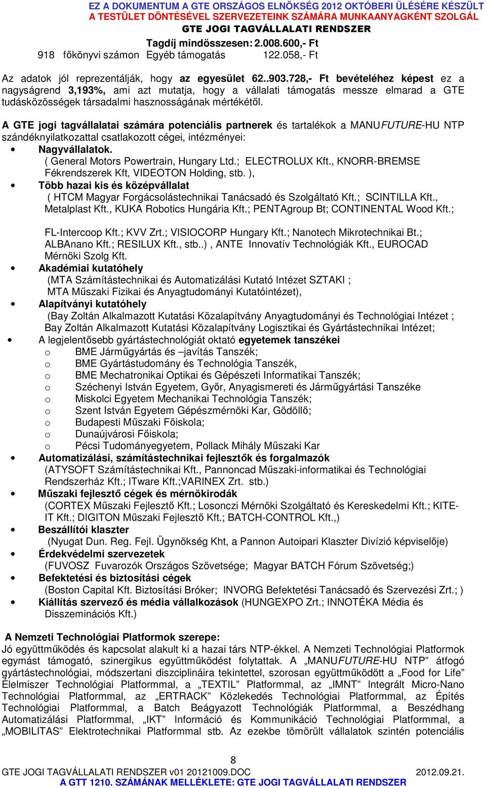 A GTE jogi tagvállalatai számára potenciális partnerek és tartalékok a MANUFUTURE-HU NTP szándéknyilatkozattal csatlakozott cégei, intézményei: Nagyvállalatok.