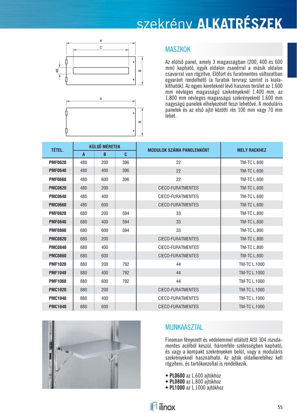 400 mm, az 1.800 mm névleges magasságú szekrényeknél 1.600 mm nagyságú panelek elhelyezését teszi lehetővé. A moduláris panelek és az első közötti rés 100 mm vagy 70 mm lehet. TÉTEL.