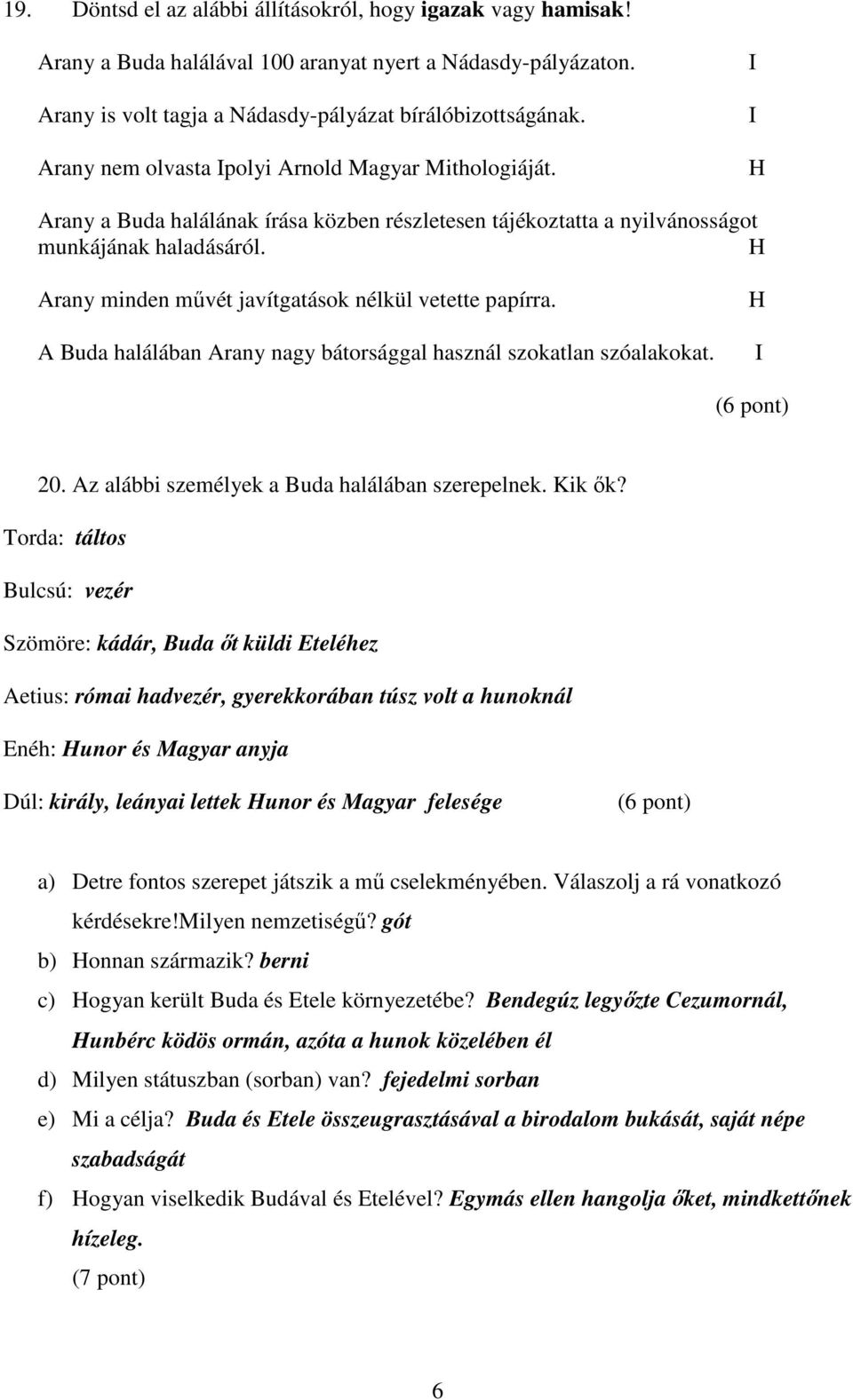 H Arany minden művét javítgatások nélkül vetette papírra. A Buda halálában Arany nagy bátorsággal használ szokatlan szóalakokat. H I (6 pont) 20. Az alábbi személyek a Buda halálában szerepelnek.